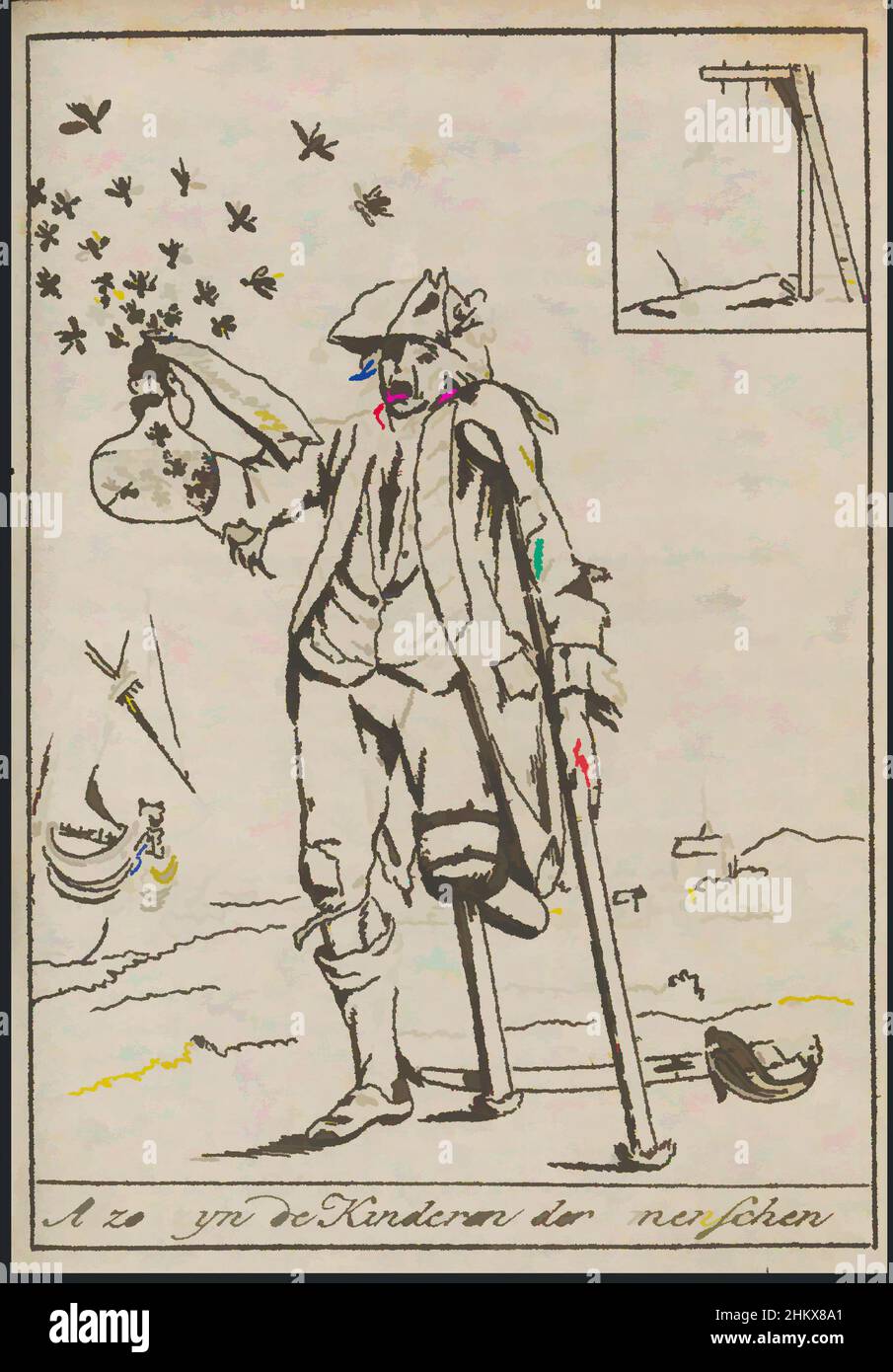 Art inspired by Cripple with fly-poison, 1796, Such are the children of men!, cartoon of disabled man with wooden leg and crutches holding up a bottle of fly poison which is attracting a swarm of flies. Illustration in Pieter van Woensel's almanac 'De Lantaarn for 1796'., print maker, Classic works modernized by Artotop with a splash of modernity. Shapes, color and value, eye-catching visual impact on art. Emotions through freedom of artworks in a contemporary way. A timeless message pursuing a wildly creative new direction. Artists turning to the digital medium and creating the Artotop NFT Stock Photo