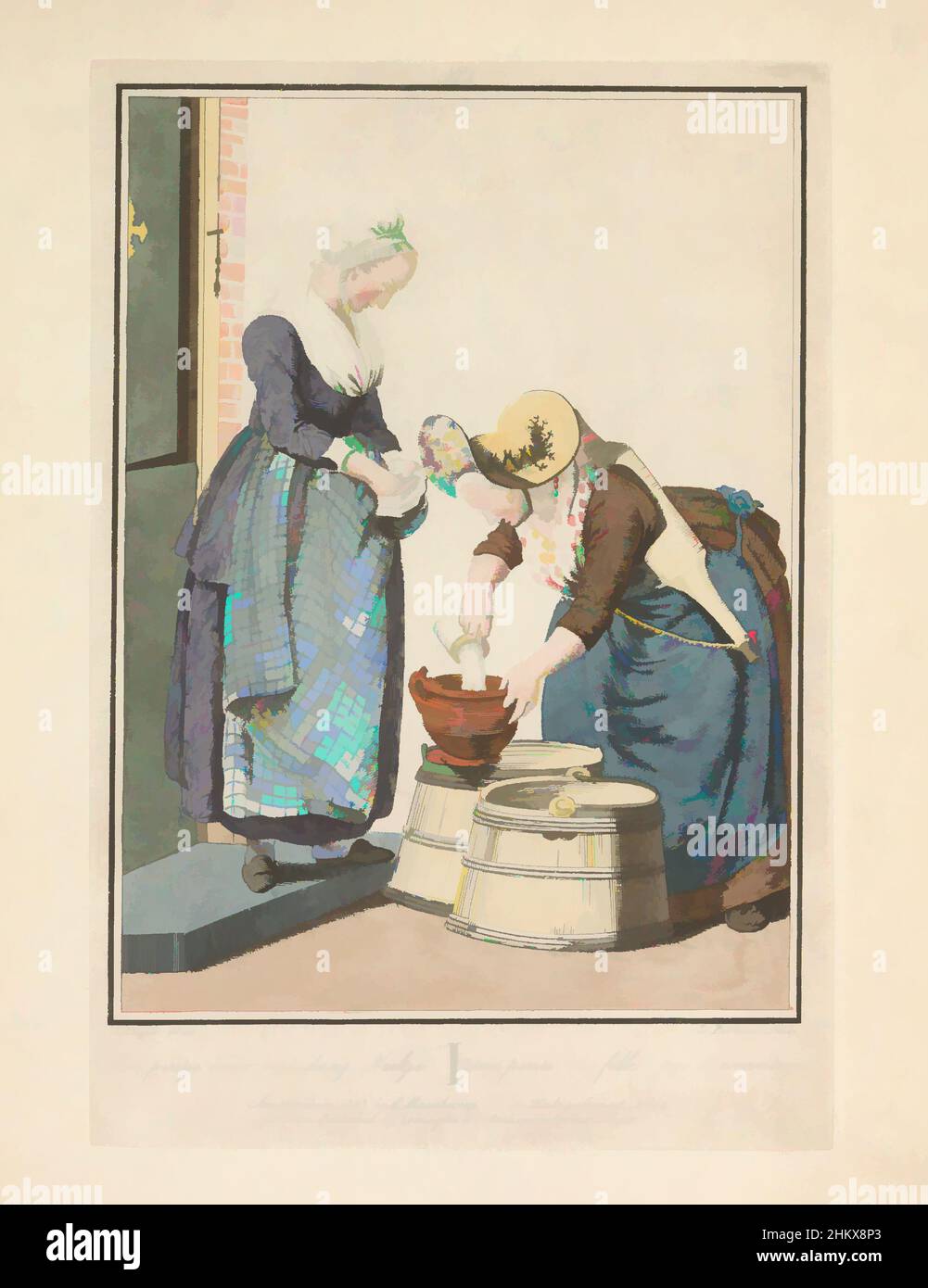 Art inspired by Maid and milk-seller, Een pintje maar van daag, Neeltje!, Une pinte, ma fille! pas d'avantage, A maid buys milk from a milk seller at the door. She pours a pint of milk into a bowl. First installment of four plates, published in 1803. Part of a bound edition of the, Classic works modernized by Artotop with a splash of modernity. Shapes, color and value, eye-catching visual impact on art. Emotions through freedom of artworks in a contemporary way. A timeless message pursuing a wildly creative new direction. Artists turning to the digital medium and creating the Artotop NFT Stock Photo