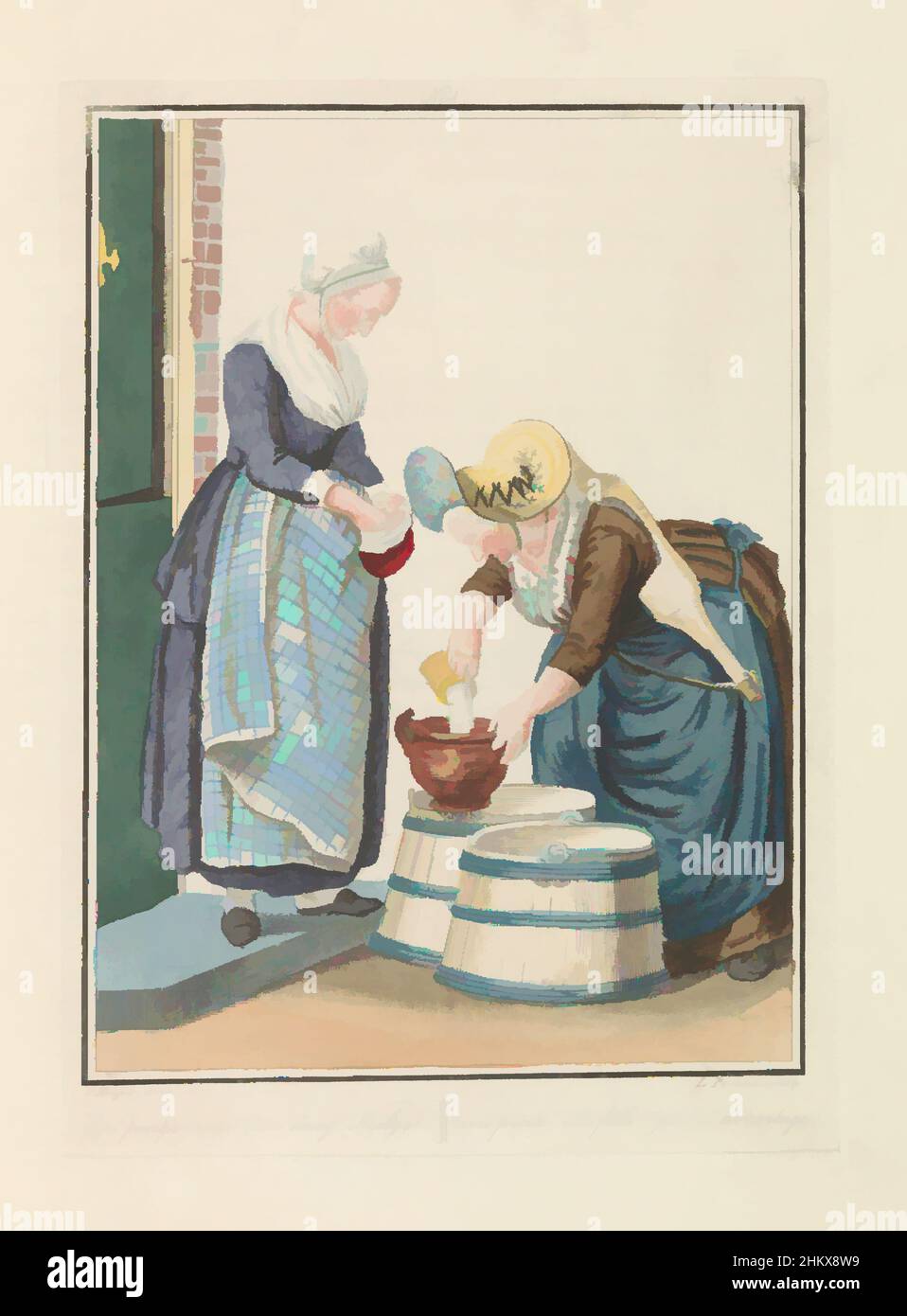 Art inspired by Handmaid and milk-seller, Een pintje maar van daag, Neeltje!, Une pinte, ma fille! pas d'avantage, A maid buys milk from a milk seller at the door. She pours a pint of milk into a bowl. Part of a bound edition of the series of twenty-four plates of Dutch costumes in the, Classic works modernized by Artotop with a splash of modernity. Shapes, color and value, eye-catching visual impact on art. Emotions through freedom of artworks in a contemporary way. A timeless message pursuing a wildly creative new direction. Artists turning to the digital medium and creating the Artotop NFT Stock Photo