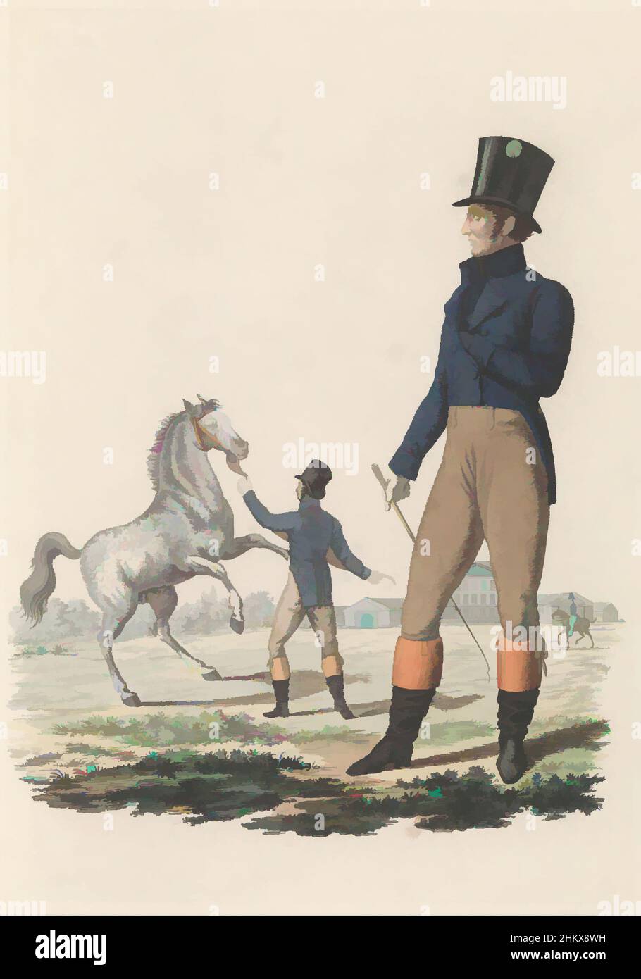 Art inspired by Servants of the State Stud farms, A Dutch servant of the State Stud farms, with a horse. Plate 63. Uniform presentation in 'Continuation of the Description as to the Royal Dutch troops' by J.F. Teupken, 1826., print maker: Dirk Sluyter, print maker: Joannes Bemme, print, Classic works modernized by Artotop with a splash of modernity. Shapes, color and value, eye-catching visual impact on art. Emotions through freedom of artworks in a contemporary way. A timeless message pursuing a wildly creative new direction. Artists turning to the digital medium and creating the Artotop NFT Stock Photo