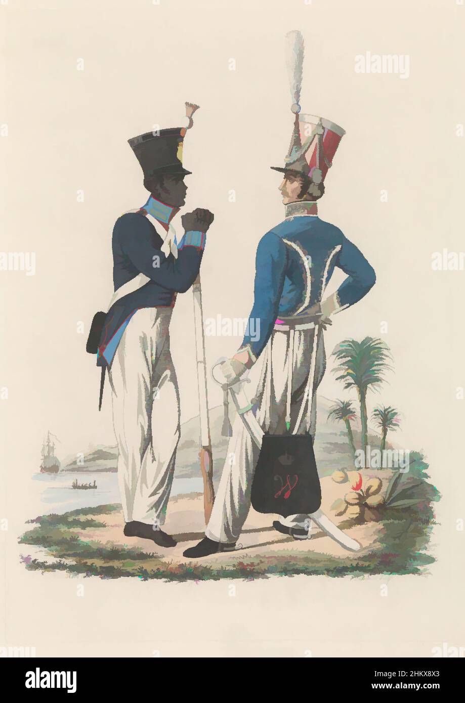 Art inspired by Hussaar, on foot, of Reg. no. 7, and Infanterist (Inlander). Troops in the East Indies, A Dutch hussar of the Regiment Huzaren No. 7 and a barefoot native infantryman. From the Dutch troops in the East Indies. Plate 65. The two standing on the waterfront. Uniform, Classic works modernized by Artotop with a splash of modernity. Shapes, color and value, eye-catching visual impact on art. Emotions through freedom of artworks in a contemporary way. A timeless message pursuing a wildly creative new direction. Artists turning to the digital medium and creating the Artotop NFT Stock Photo