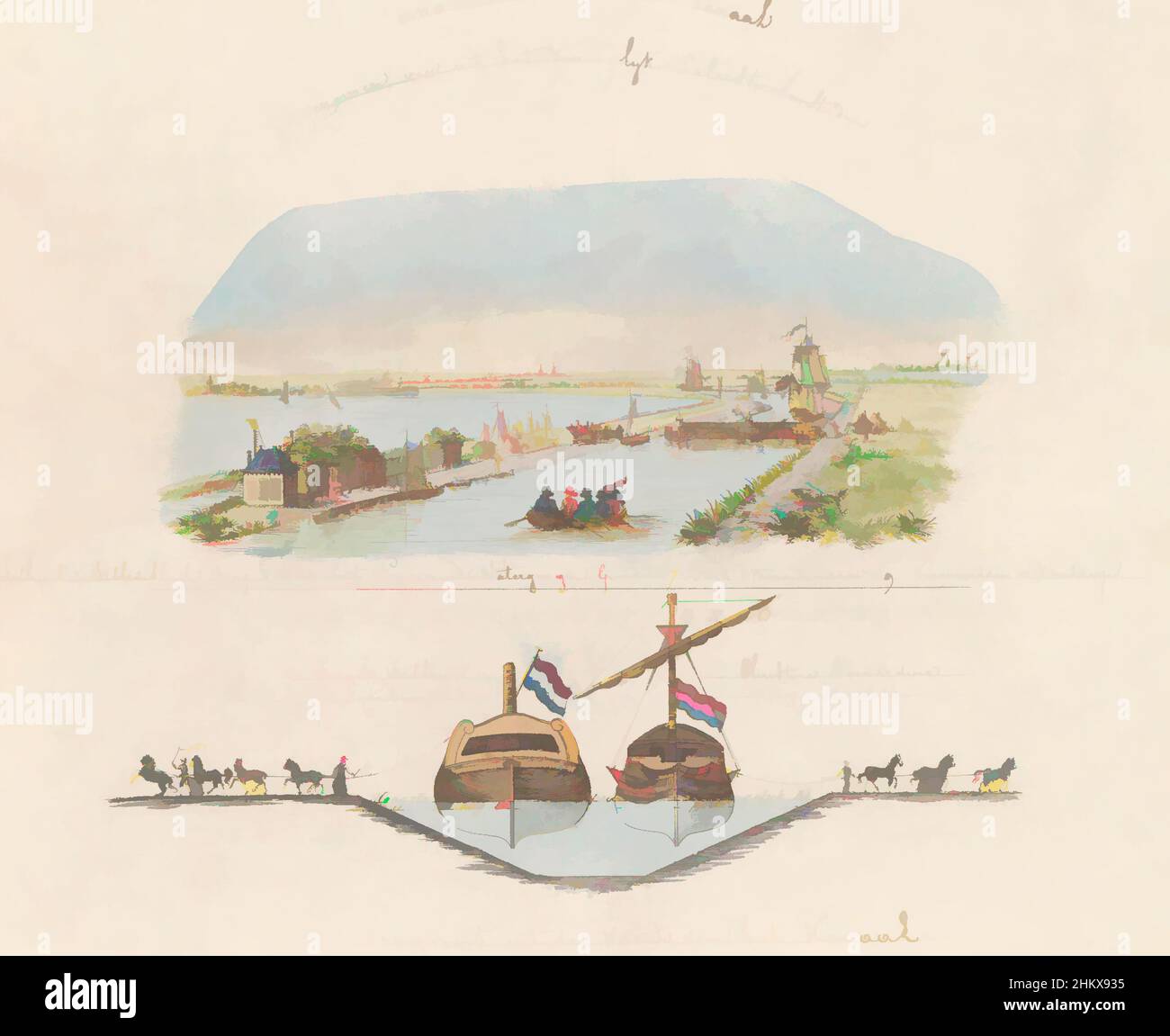 Art inspired by Noordhollandsch Kanaal, 1824, Panorama of the Grand Canal, taken from the Koninglijke Paleis at Amsterdam, Profil of the Grand Canal, Two views of the Noordhollandsch Kanaal, December 1824. At top a view of the Tolhuis near the Willem lock, in the caption the legend 1-10, Classic works modernized by Artotop with a splash of modernity. Shapes, color and value, eye-catching visual impact on art. Emotions through freedom of artworks in a contemporary way. A timeless message pursuing a wildly creative new direction. Artists turning to the digital medium and creating the Artotop NFT Stock Photo