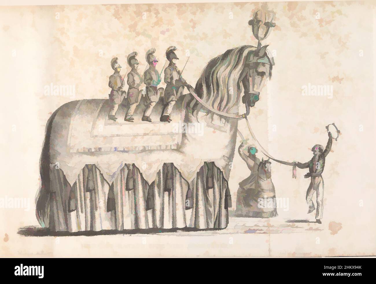 Art inspired by Ros Beiaard as a float in the procession for Saint Rombout, 1825, The Ros-Bayard ofte Vier Gebroeders Peerd, A float in the form of the horse Ros Beiaard on which the four Heemskinderen ride. Part of the circumambulation for Saint Rombout. The procession was held on June, Classic works modernized by Artotop with a splash of modernity. Shapes, color and value, eye-catching visual impact on art. Emotions through freedom of artworks in a contemporary way. A timeless message pursuing a wildly creative new direction. Artists turning to the digital medium and creating the Artotop NFT Stock Photo