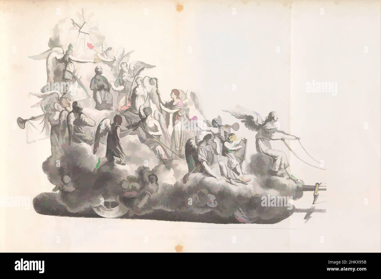 Art inspired by Fourth float in the procession for Saint Rombout, 1825, Fourth Prael-waegen, The fourth float in the procession for Saint Rombout. On the float the blessing of Rombout amidst angels. The procession was held on 28 June, 5 and 12 July 1825. Illustration in a publication on, Classic works modernized by Artotop with a splash of modernity. Shapes, color and value, eye-catching visual impact on art. Emotions through freedom of artworks in a contemporary way. A timeless message pursuing a wildly creative new direction. Artists turning to the digital medium and creating the Artotop NFT Stock Photo