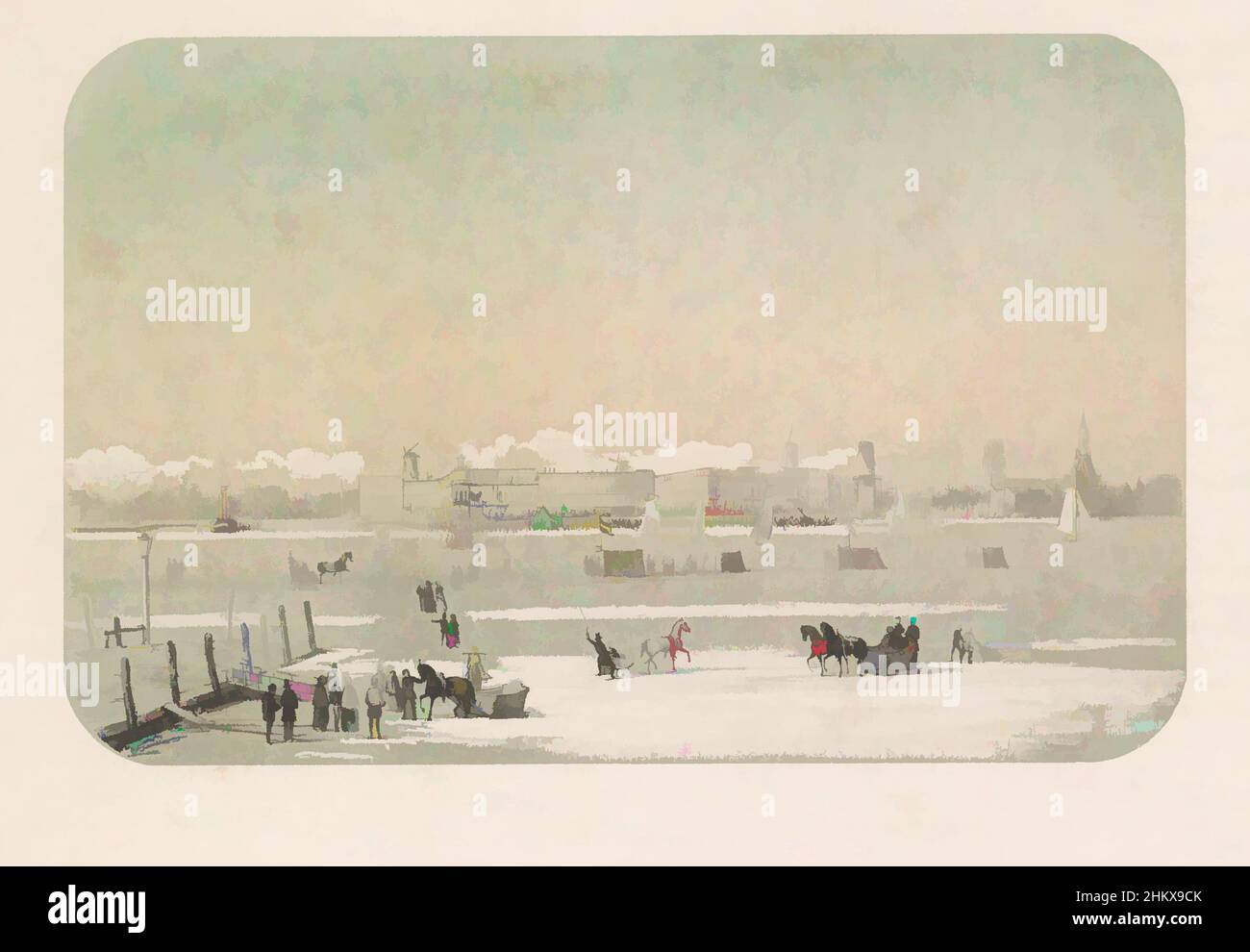 Art inspired by Ice pleasure on the river Maas at Rotterdam, seen from Katendrecht, 1855, The city seen from Katendrecht, The ice pleasure on the river Maas at Rotterdam in February 1855, with captions, Ice pleasure on the river Maas at Rotterdam, seen from Katendrecht, 1855. First, Classic works modernized by Artotop with a splash of modernity. Shapes, color and value, eye-catching visual impact on art. Emotions through freedom of artworks in a contemporary way. A timeless message pursuing a wildly creative new direction. Artists turning to the digital medium and creating the Artotop NFT Stock Photo