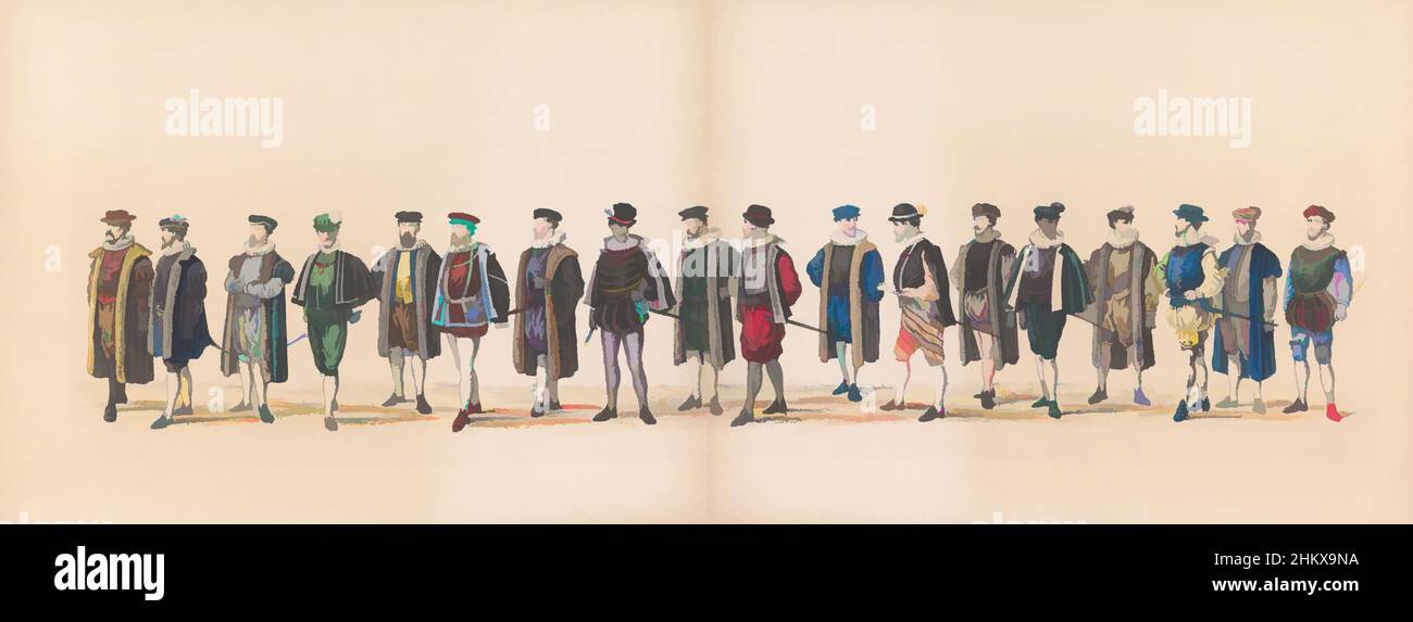 Art inspired by Masquerade of the Leiden Students, 1870 (plate 7), Geostumeerde optogt gehouden door de leden van het Leidsche studentencorps den 7den Junij 1870, ter vieriering van den 295sten verjaardag der Leidsche Hoogeschool, portraying visit gebragt to Leiden in 1586, door Robert, Classic works modernized by Artotop with a splash of modernity. Shapes, color and value, eye-catching visual impact on art. Emotions through freedom of artworks in a contemporary way. A timeless message pursuing a wildly creative new direction. Artists turning to the digital medium and creating the Artotop NFT Stock Photo