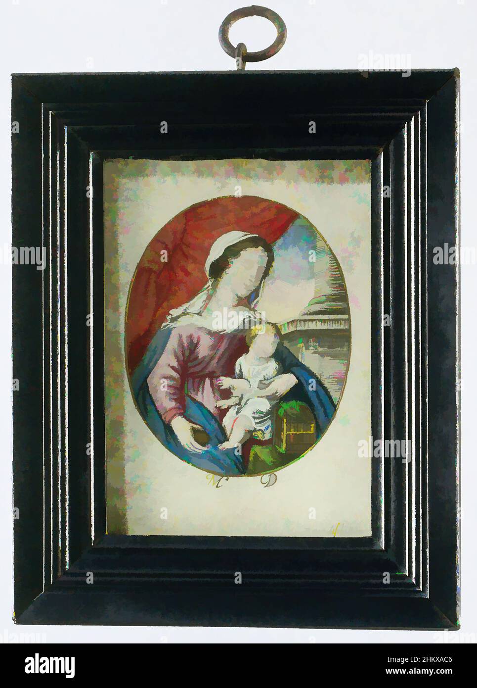 Art inspired by Print depicting Mary with child, Print, oval engraving on parchment, colored with gouache and gold paint, depicting Mary with child seated at a table with birdcage. A red curtain in the background on the left, column bases on the right. Enclosed behind glass in a simple, Classic works modernized by Artotop with a splash of modernity. Shapes, color and value, eye-catching visual impact on art. Emotions through freedom of artworks in a contemporary way. A timeless message pursuing a wildly creative new direction. Artists turning to the digital medium and creating the Artotop NFT Stock Photo