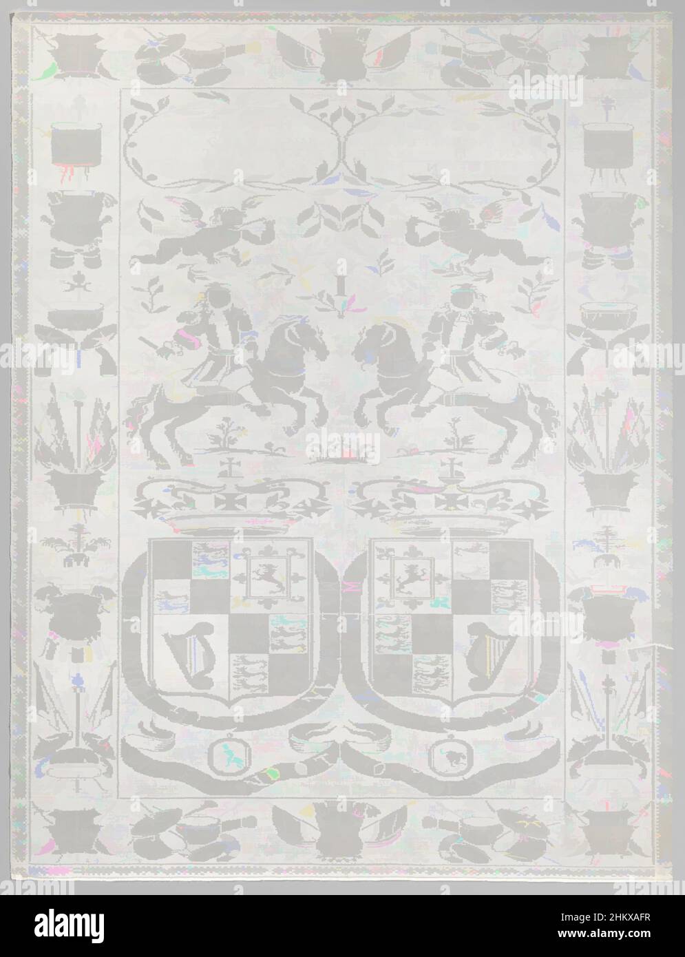 Art inspired by Napkin with James II of England, Napkin of linen damask with James II of England. Midfield: The symmetrically doubled pattern shows from bottom to top two scenes; 1 Large crowned coat of arms of Great Britain and Ireland, surrounded by the garter, on which hangs HONI, Classic works modernized by Artotop with a splash of modernity. Shapes, color and value, eye-catching visual impact on art. Emotions through freedom of artworks in a contemporary way. A timeless message pursuing a wildly creative new direction. Artists turning to the digital medium and creating the Artotop NFT Stock Photo