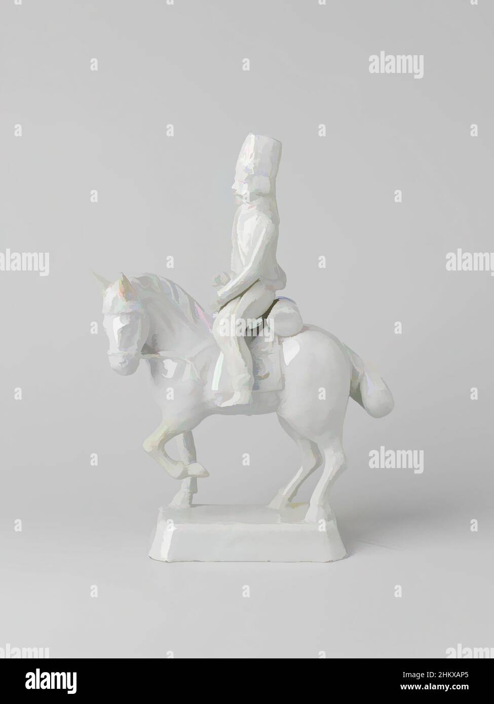 Art inspired by Horse with rider, Horseman of undecorated faience. The horse stands on a rectangular base and the rider sits loose on it. The rider wears a bereb hat and a German uniform from the second half of the 18th century. The horse has its left foreleg raised. The rider is, Classic works modernized by Artotop with a splash of modernity. Shapes, color and value, eye-catching visual impact on art. Emotions through freedom of artworks in a contemporary way. A timeless message pursuing a wildly creative new direction. Artists turning to the digital medium and creating the Artotop NFT Stock Photo