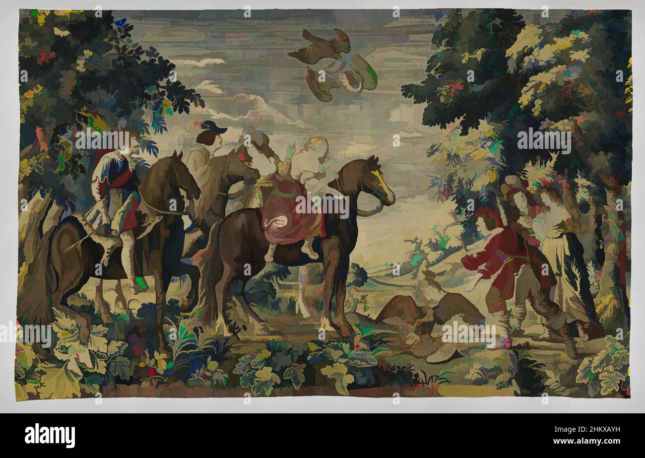 Art inspired by Falcon Hunt, The English Yachts (series title), Tapestry with Falcon Hunt: in the foreground four horsemen looking to the right. The front two horses, a blaze and a grey, are ridden by amazons; two dark horses by riders. In front of them is a heron on which a falcon, Classic works modernized by Artotop with a splash of modernity. Shapes, color and value, eye-catching visual impact on art. Emotions through freedom of artworks in a contemporary way. A timeless message pursuing a wildly creative new direction. Artists turning to the digital medium and creating the Artotop NFT Stock Photo