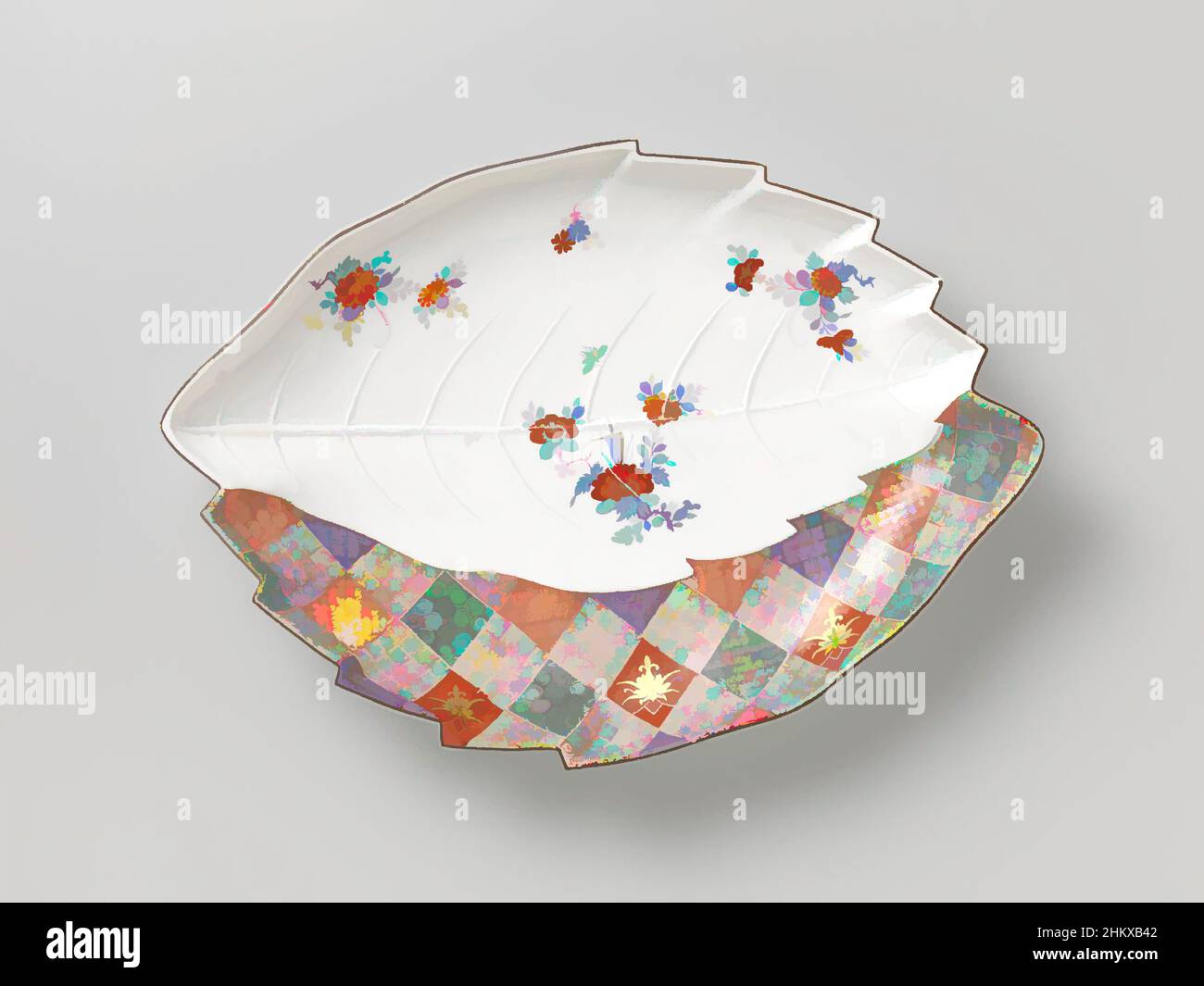 Art inspired by Dish, multicolored painted with a Kakiemon and an Imari decor, Dish of painted porcelain. The dish is in the form of two partially covering leaves. The rim is partially sharply serrated. One leaf has a large vein with side veins and is painted with flower branches. The, Classic works modernized by Artotop with a splash of modernity. Shapes, color and value, eye-catching visual impact on art. Emotions through freedom of artworks in a contemporary way. A timeless message pursuing a wildly creative new direction. Artists turning to the digital medium and creating the Artotop NFT Stock Photo