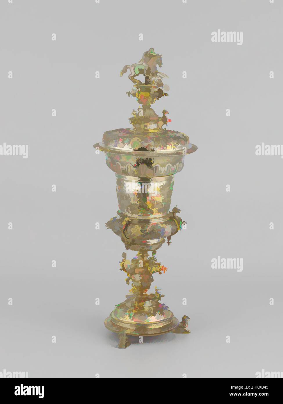 Art inspired by Two lidded cups, Goblet with lid, of the St. Joris marksmen's guild at Gorinchem, Gilt cup with lid. The cup is composed of separate parts, connected by screws. The goblet consists of the following parts; a: Round foot, resting on three seated lions. The edge of the foot, Classic works modernized by Artotop with a splash of modernity. Shapes, color and value, eye-catching visual impact on art. Emotions through freedom of artworks in a contemporary way. A timeless message pursuing a wildly creative new direction. Artists turning to the digital medium and creating the Artotop NFT Stock Photo