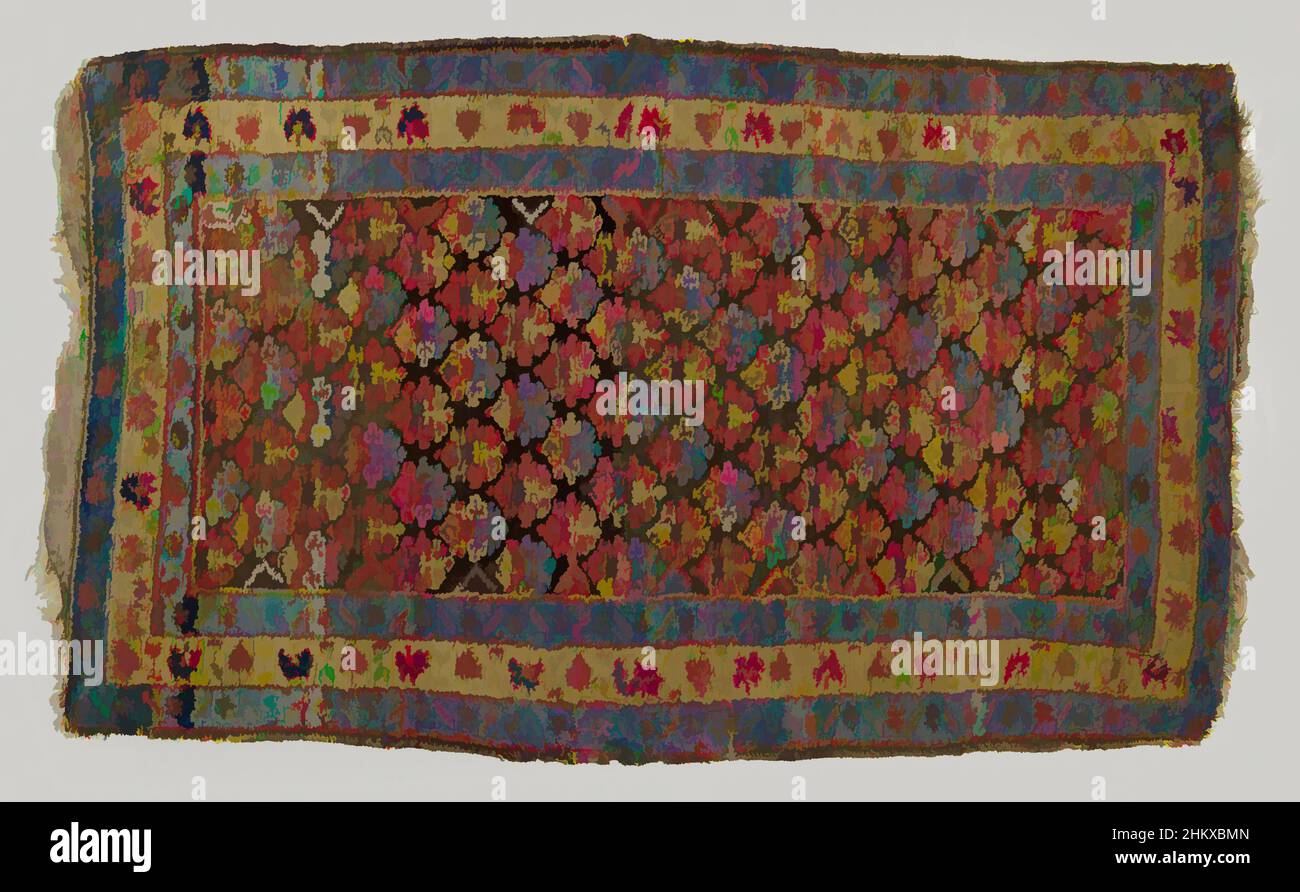 Art inspired by Floral dress with diagonally placed flowers in blue and mustard yellow on brown ground. Triple border with pink and white flowers, zigzag leaves and brown tendrils., Floral Cloth, Kurdistan. Center field: dark brown fond with flowers placed diagonally by color blue and, Classic works modernized by Artotop with a splash of modernity. Shapes, color and value, eye-catching visual impact on art. Emotions through freedom of artworks in a contemporary way. A timeless message pursuing a wildly creative new direction. Artists turning to the digital medium and creating the Artotop NFT Stock Photo