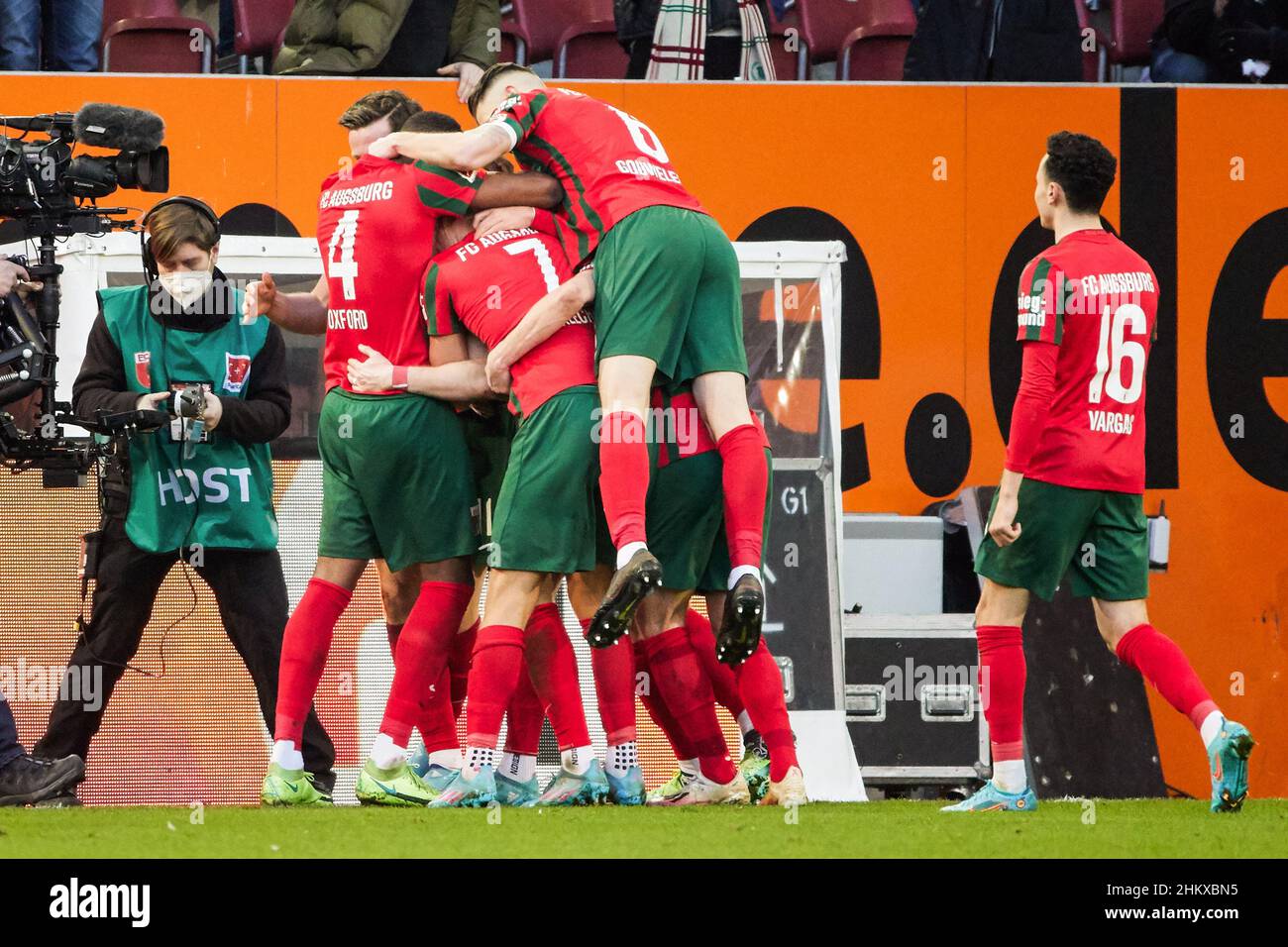 Augsburg, Germany. 5th Feb, 2022. Players of Augsburg celebrate scoring during a German Bundesliga match between FC Augsburg and 1. FC Union Berlin in Augsburg, Germany, Feb. 5, 2022. Credit: Peter Fastl/Xinhua/Alamy Live News Stock Photo