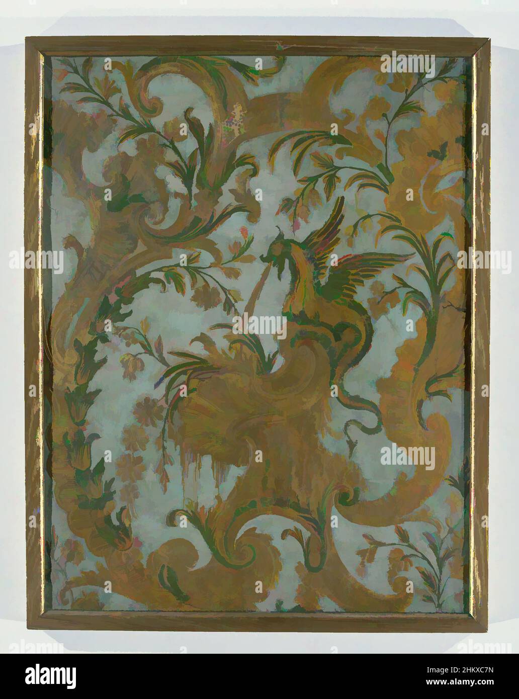 Art inspired by Gold leather, sheet, of so-called raised gold leather, with design of winged spitting dragon, Gold leather, sheet, of so-called raised gold leather, with design of winged spitting dragon, seated on a pied-de-stal, decorated with rocaille and framed with rocailles and, Classic works modernized by Artotop with a splash of modernity. Shapes, color and value, eye-catching visual impact on art. Emotions through freedom of artworks in a contemporary way. A timeless message pursuing a wildly creative new direction. Artists turning to the digital medium and creating the Artotop NFT Stock Photo