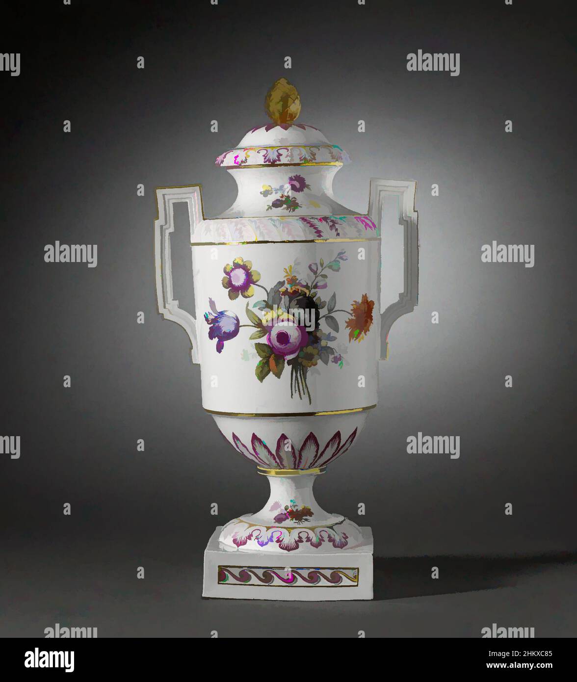 Art inspired by Cover of a vase with flowers and insects, Cover of a vase of porcelain, painted on the glaze in blue, red, pink, green, yellow, purple, black and gold. Decorated with flowers and insects and on the rim modeled leafy vines; lid knob shaped like a pine cone with a modeled, Classic works modernized by Artotop with a splash of modernity. Shapes, color and value, eye-catching visual impact on art. Emotions through freedom of artworks in a contemporary way. A timeless message pursuing a wildly creative new direction. Artists turning to the digital medium and creating the Artotop NFT Stock Photo