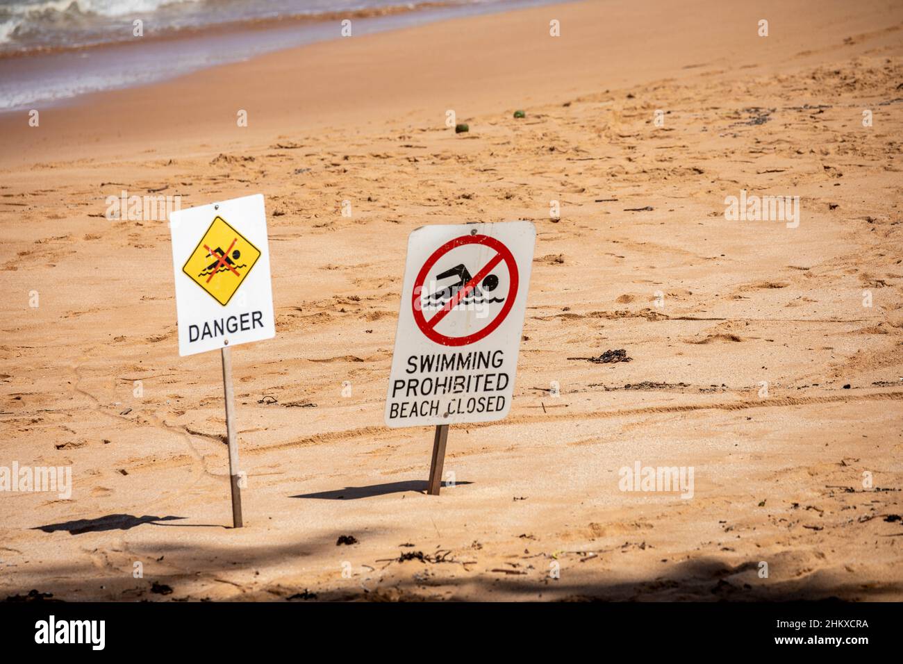 Danger and swimming prohibited on closed beach, Avalon Beach,NSW,Australia Stock Photo