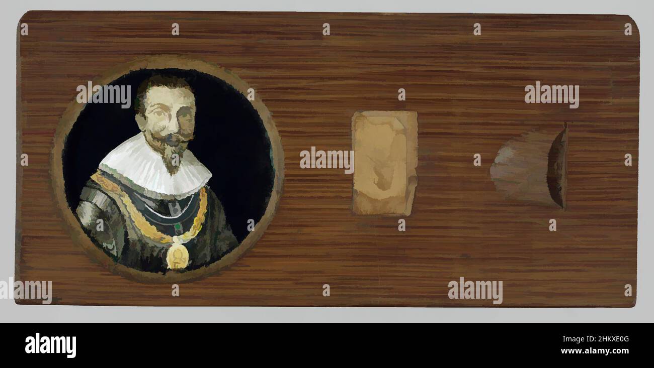 Art inspired by Portrait of a historical figure, Round glass plate in wooden mount. Portrait of a man with pointed beard. He wears a large collar and chain with badge of order., Netherlands, c. 1700 - c. 1790, glass, wood (plant material), height 20 cm × width 9.5 cm, Classic works modernized by Artotop with a splash of modernity. Shapes, color and value, eye-catching visual impact on art. Emotions through freedom of artworks in a contemporary way. A timeless message pursuing a wildly creative new direction. Artists turning to the digital medium and creating the Artotop NFT Stock Photo