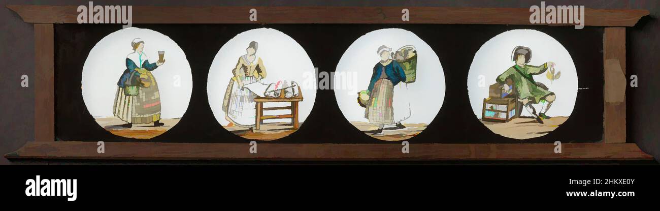 Art inspired by Four representations of occupations, Glass plate in wooden frame, with four round images on it. The rest of the glass is blacked out. On the left, a woman holding a basket. This is filled with bottles. In her raised right hand she holds a glass. To the right, a woman at, Classic works modernized by Artotop with a splash of modernity. Shapes, color and value, eye-catching visual impact on art. Emotions through freedom of artworks in a contemporary way. A timeless message pursuing a wildly creative new direction. Artists turning to the digital medium and creating the Artotop NFT Stock Photo