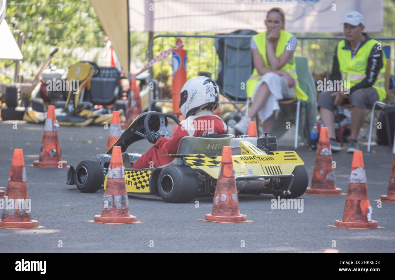 Aachen September 2021: A youth go-cart on the racetrack in the Aachen district of Eilrndorf Stock Photo