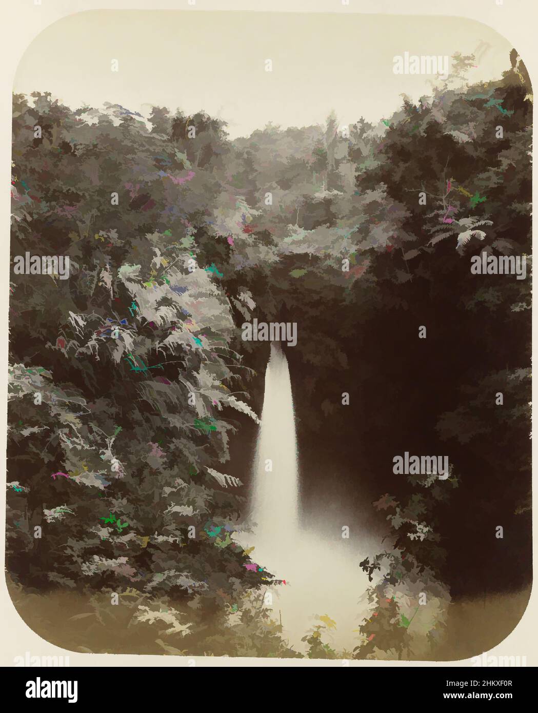 Art inspired by Waterfall, Waterfall in the forest. The Dago waterfall in the Tjikapoendoeng near Bandung or the waterfall of Tondano in the Minahasa. Pasted photo in the photo album titled: Faces of Java., Woodbury & Page, Celebes, 1870 - 1880, photographic support, albumen print, Classic works modernized by Artotop with a splash of modernity. Shapes, color and value, eye-catching visual impact on art. Emotions through freedom of artworks in a contemporary way. A timeless message pursuing a wildly creative new direction. Artists turning to the digital medium and creating the Artotop NFT Stock Photo