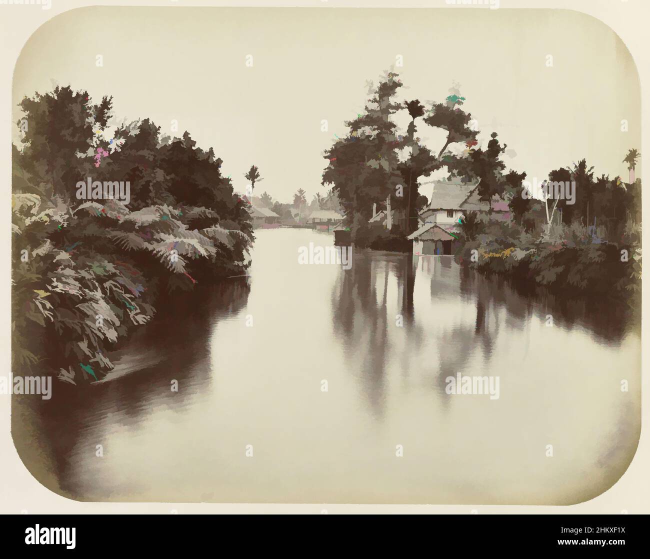 Art inspired by Houses on the Tondano River at Manado, Houses located on the Tondano River at Manado on Celebes. Pasted-in photo in the photo album titled: Views of Java., Woodbury & Page, Celebes, 1860 - 1880, photographic support, albumen print, height 185 mm × width 237 mm, Classic works modernized by Artotop with a splash of modernity. Shapes, color and value, eye-catching visual impact on art. Emotions through freedom of artworks in a contemporary way. A timeless message pursuing a wildly creative new direction. Artists turning to the digital medium and creating the Artotop NFT Stock Photo