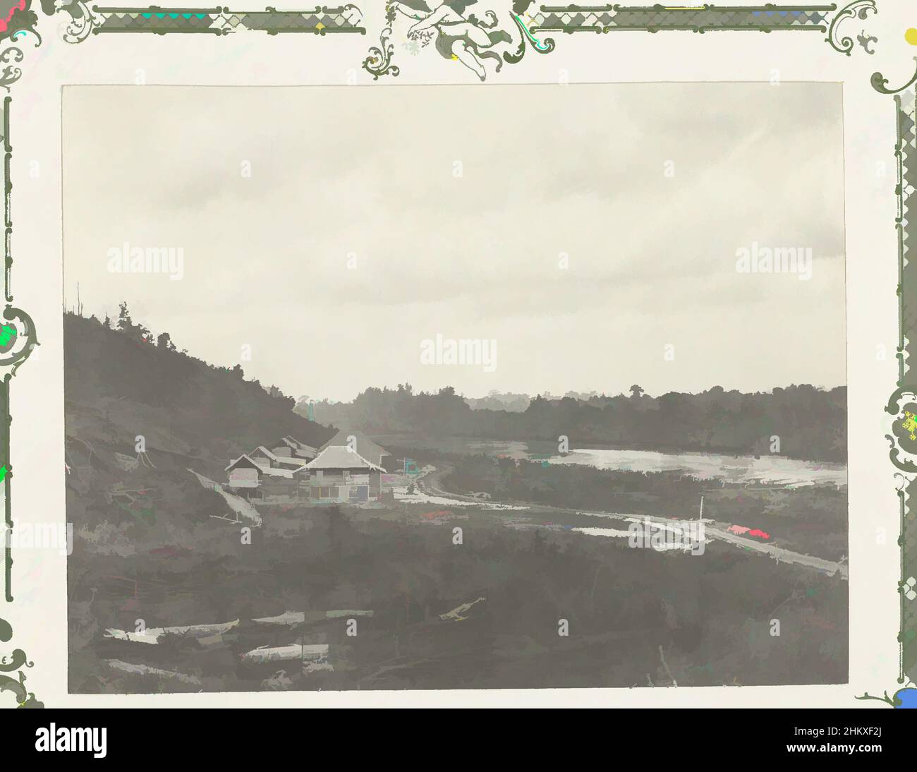 Art inspired by Site with cleared trees, Site with cleared trees along a river with a road leading to some buildings. Photo in the photo album on oil extraction in Borneo by the Royal Dutch Petroleum Company (KNPM) in the years 1903-1907., Kalimantan, 1903 - 1907, paper, gelatin silver, Classic works modernized by Artotop with a splash of modernity. Shapes, color and value, eye-catching visual impact on art. Emotions through freedom of artworks in a contemporary way. A timeless message pursuing a wildly creative new direction. Artists turning to the digital medium and creating the Artotop NFT Stock Photo