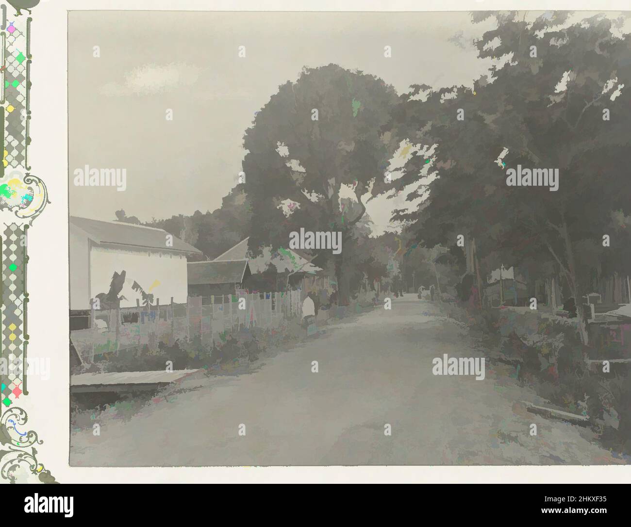 Art inspired by View in a village, View of a road in a village with houses on either side, in the distance a street lamp. Photograph in the photo album on oil extraction in Borneo by the Royal Dutch Petroleum Company (KNPM) in the years 1903-1907., Kalimantan, 1903 - 1907, paper, Classic works modernized by Artotop with a splash of modernity. Shapes, color and value, eye-catching visual impact on art. Emotions through freedom of artworks in a contemporary way. A timeless message pursuing a wildly creative new direction. Artists turning to the digital medium and creating the Artotop NFT Stock Photo