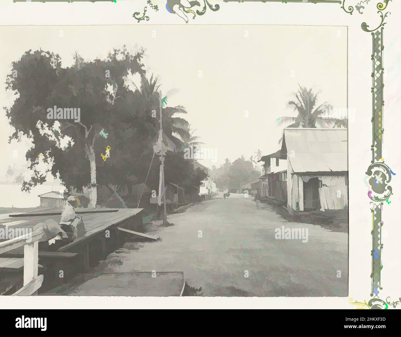 Art inspired by Road through port town, A road through a port town, in the foreground on the left a carrier rests. Photo in the photo album on oil extraction in Borneo by the Royal Dutch Petroleum Company (KNPM) in the years 1903-1907., Kalimantan, 1903 - 1907, paper, gelatin silver, Classic works modernized by Artotop with a splash of modernity. Shapes, color and value, eye-catching visual impact on art. Emotions through freedom of artworks in a contemporary way. A timeless message pursuing a wildly creative new direction. Artists turning to the digital medium and creating the Artotop NFT Stock Photo