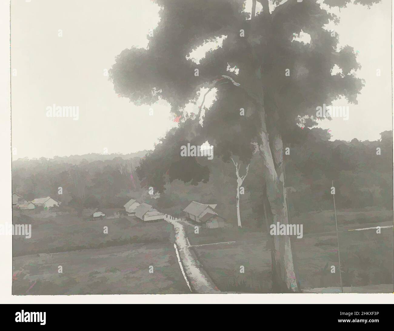 Art inspired by Houses on a road, View from a hill of a group of houses located on a road, in the foreground a large tree. Photo in the photo album on oil extraction in Borneo by the Royal Dutch Petroleum Company (KNPM) in the years 1903-1907., Kalimantan, 1903 - 1907, paper, gelatin, Classic works modernized by Artotop with a splash of modernity. Shapes, color and value, eye-catching visual impact on art. Emotions through freedom of artworks in a contemporary way. A timeless message pursuing a wildly creative new direction. Artists turning to the digital medium and creating the Artotop NFT Stock Photo