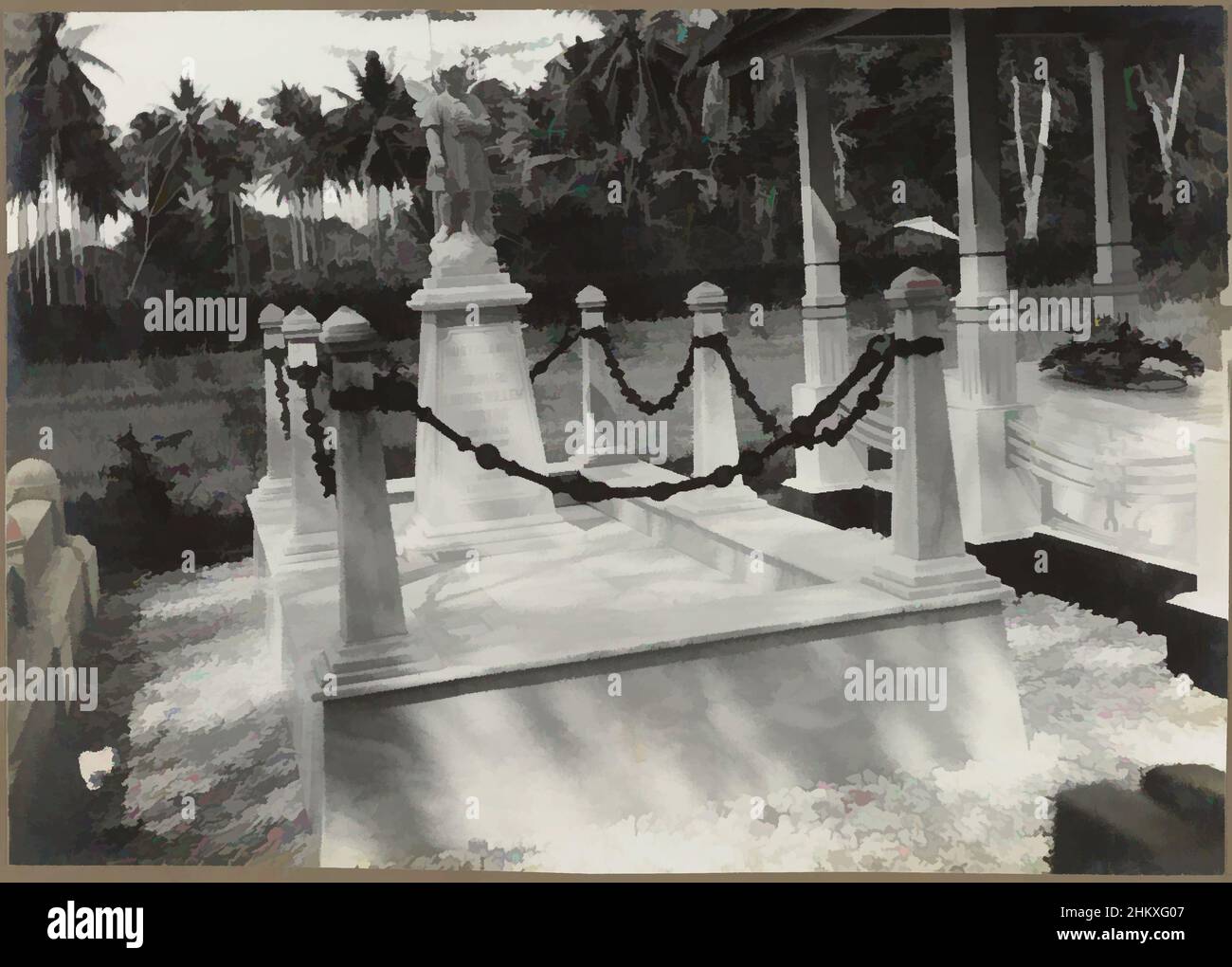 Art inspired by Cemetery with grave of B.L.W. Bertok, A cemetery at Medan with the grave of Bernhard Ludwig Willem Bertok (or Berton). Photo in the photo album of the Dutch architectural and contracting firm Bennink and Riphagen in Medan in the years ca. 1914-1919., Medan, 1917 - 1919, Classic works modernized by Artotop with a splash of modernity. Shapes, color and value, eye-catching visual impact on art. Emotions through freedom of artworks in a contemporary way. A timeless message pursuing a wildly creative new direction. Artists turning to the digital medium and creating the Artotop NFT Stock Photo