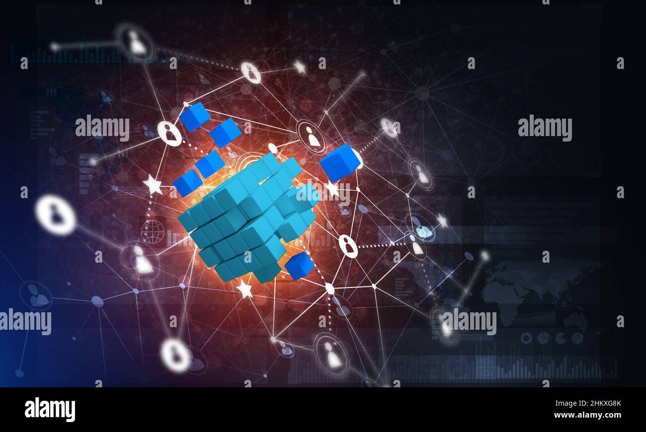 Concept of Internet and networking with digital cube figure on dark ...