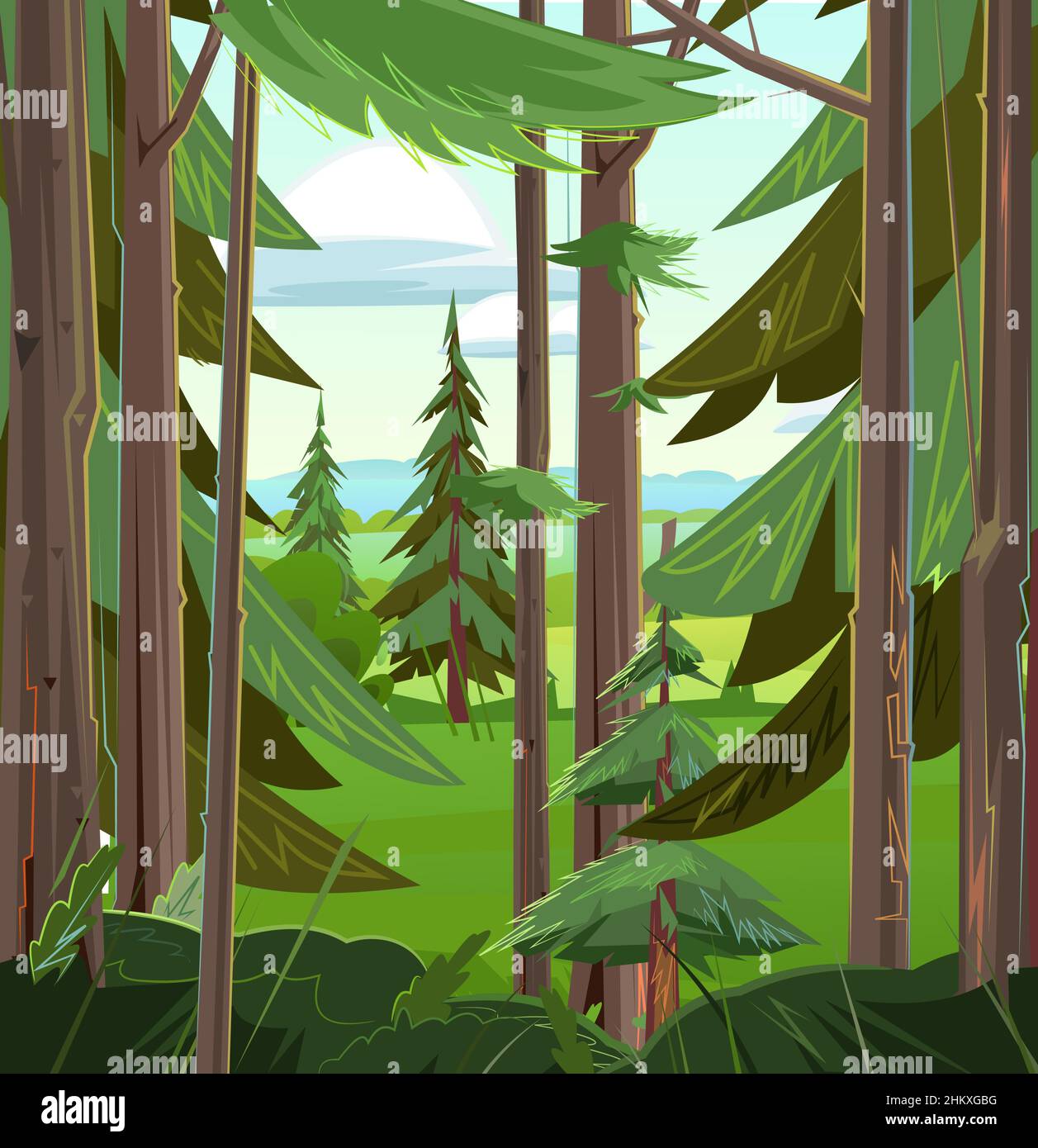 Pine branches in coniferous forest. Beautiful summer landscape with trees. Green pines and ate. Illustration in cartoon style flat design. Vector Stock Vector