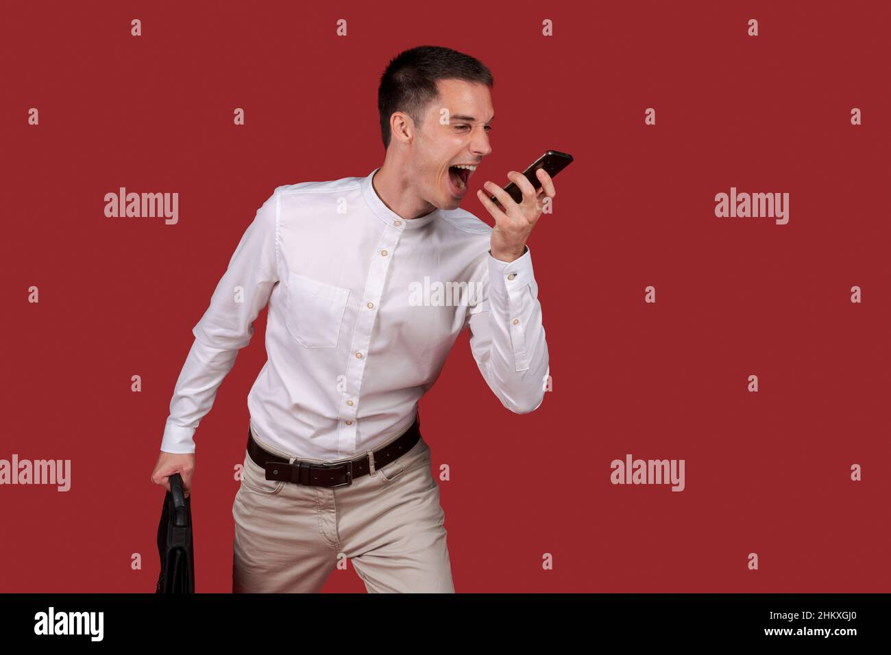 Image young business emotional excited screaming man in white shirt ...
