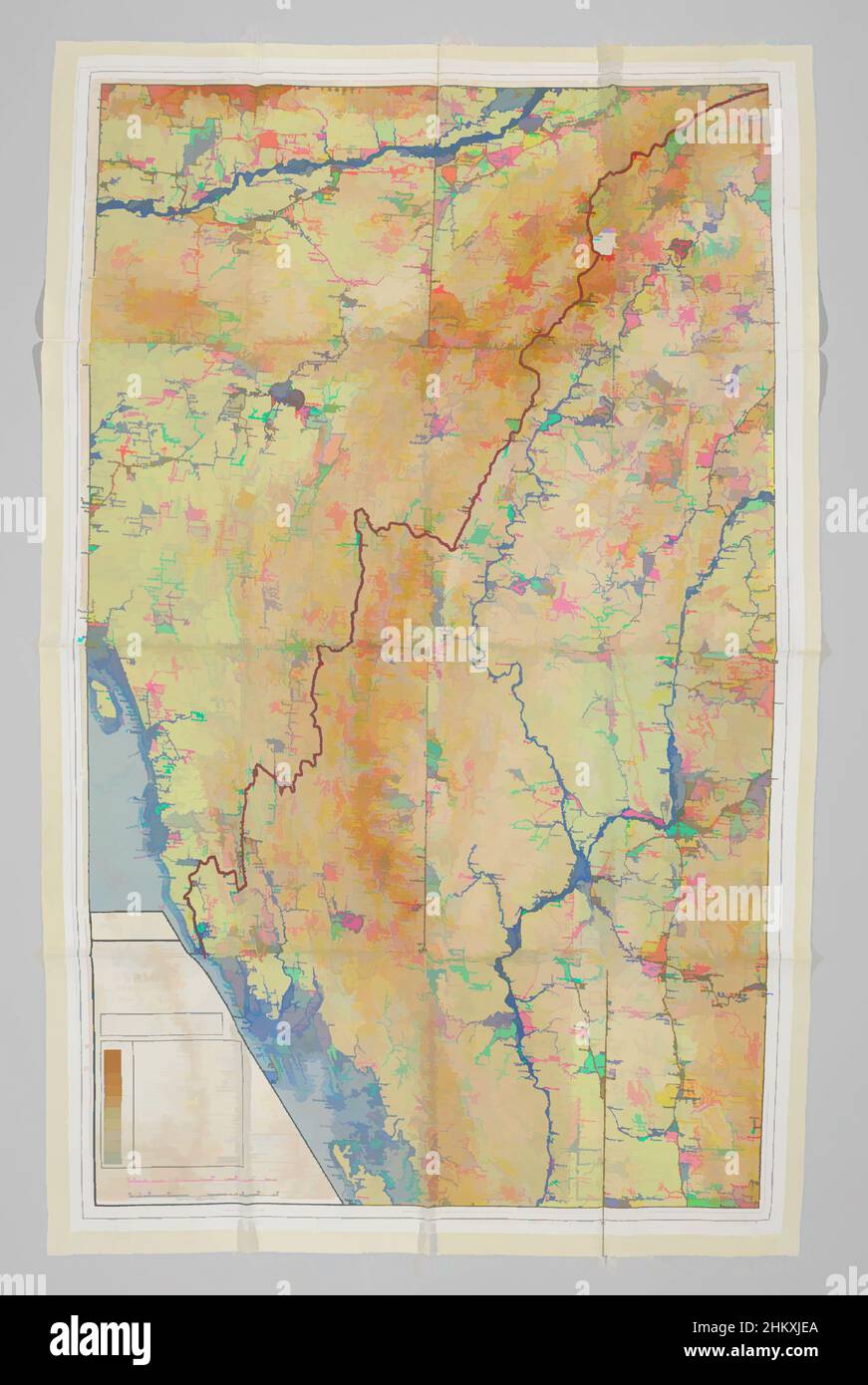 Art inspired by Silk map used as a pilot's scarf, Silk map from the British Air Force (RAF). The fabric is printed on both sides with the maps, 44 A and 44 B of Burma, part of French Indo China, part of Siam, now Thailand, part of India and part of China. The silk maps were intended for, Classic works modernized by Artotop with a splash of modernity. Shapes, color and value, eye-catching visual impact on art. Emotions through freedom of artworks in a contemporary way. A timeless message pursuing a wildly creative new direction. Artists turning to the digital medium and creating the Artotop NFT Stock Photo