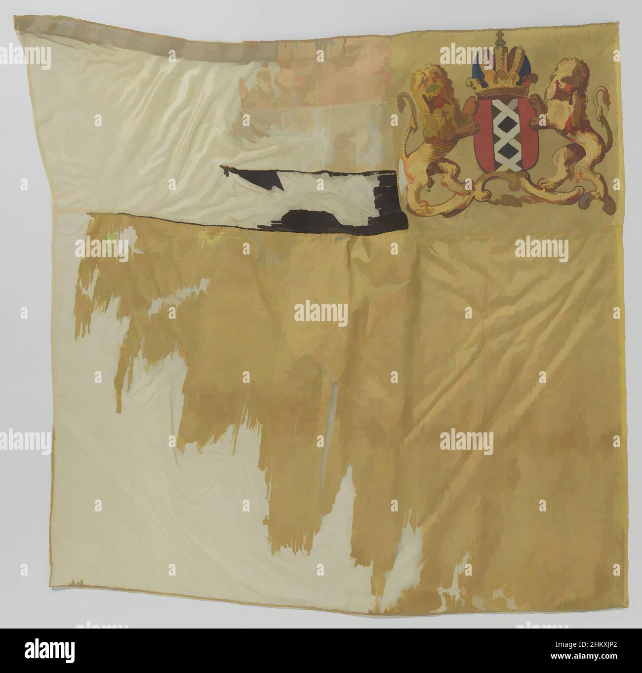 Art inspired by Banner of the yellow regiment, Yellow banner. Front and parade side identical. Along the top three bands of red-white-black. In the upper neck a yellow rectangle with the arms of Amsterdam, held by two climbing facing lions and covered by imperial crown. Below the coat, Classic works modernized by Artotop with a splash of modernity. Shapes, color and value, eye-catching visual impact on art. Emotions through freedom of artworks in a contemporary way. A timeless message pursuing a wildly creative new direction. Artists turning to the digital medium and creating the Artotop NFT Stock Photo