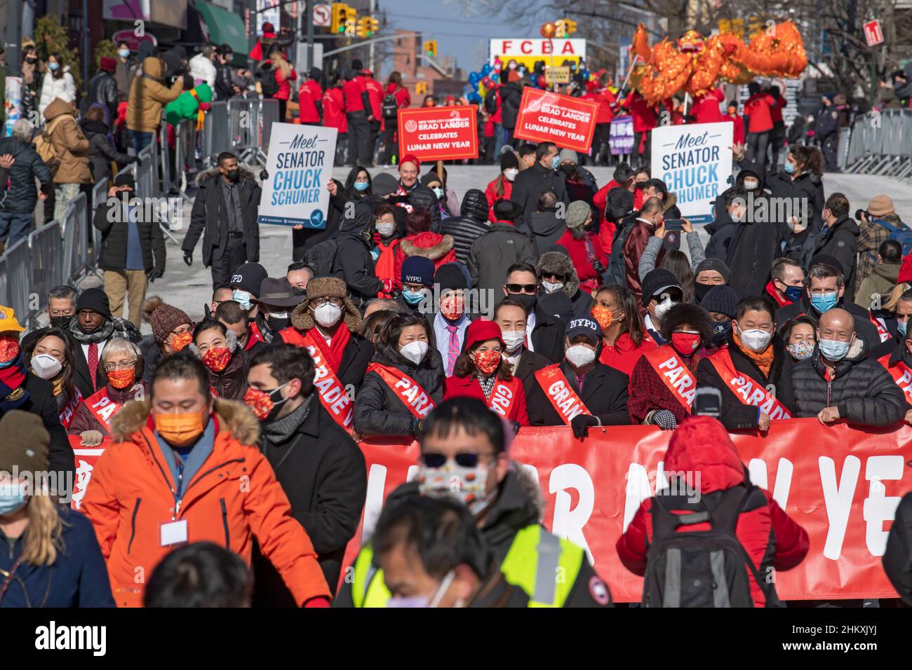 New York, United States. 05th Feb, 2022. New York Governor Kathy Hochul (C) and Lieutenant Governor Benjamin, joined by elected officials including Attorney General Letitia James, Congresswoman Grace Meng, Senator Chuck Schumer, Queens Borough President Donovan Richards, and Peter Tu, executive director of the Flushing Chinese Business Association, march in the Flushing Chinese Lunar New Year Parade in Queens Borough of New York City. (Photo by Ron Adar/SOPA Images/Sipa USA) Credit: Sipa USA/Alamy Live News Stock Photo