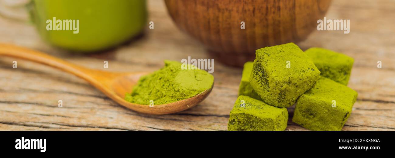 Green tea latte with ice in a plastic cup and straw and spoon with powder  matcha on yellow background. Homemade Iced Matcha Latte Tea with Milk zero  Stock Photo - Alamy