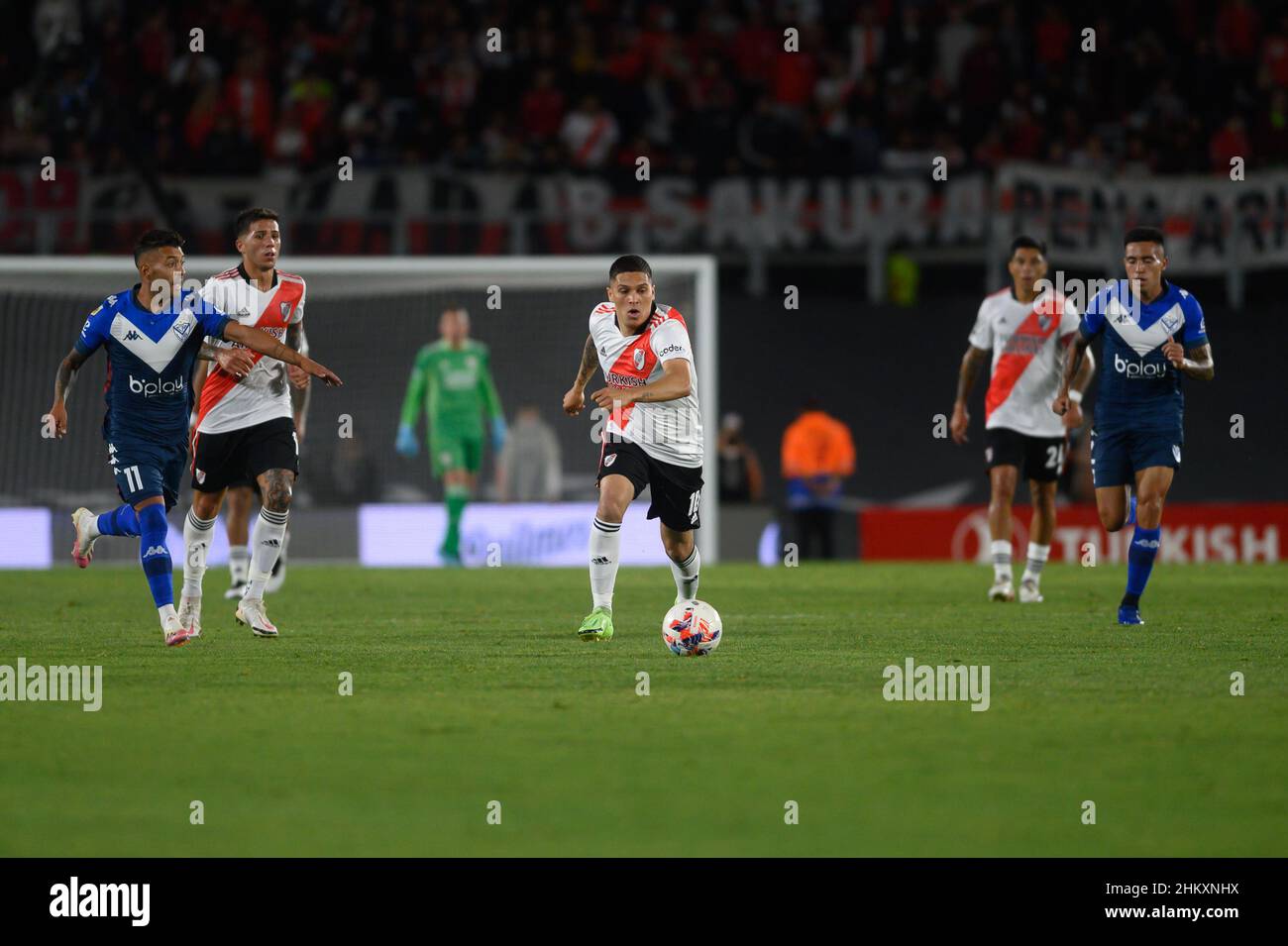 Buenos Aires, Argentina. 05th Feb, 2022. River Plate midfielder Juan Fernando Quintero in action during a friendly match between River Plate and Velez Sarfield, at the Antonio Vespucio Liberti Monumental Stadium. (Photo by Manuel Cortina/SOPA Images/Sipa USA) Credit: Sipa USA/Alamy Live News Stock Photo