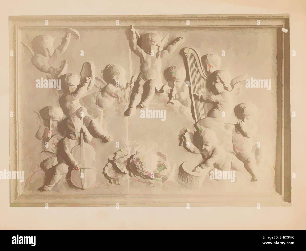 Art inspired by Relief with musician putti around a bunch of flowers, c. 1875 - c. 1900, cardboard, albumen print, height 185 mm × width 272 mm, Classic works modernized by Artotop with a splash of modernity. Shapes, color and value, eye-catching visual impact on art. Emotions through freedom of artworks in a contemporary way. A timeless message pursuing a wildly creative new direction. Artists turning to the digital medium and creating the Artotop NFT Stock Photo