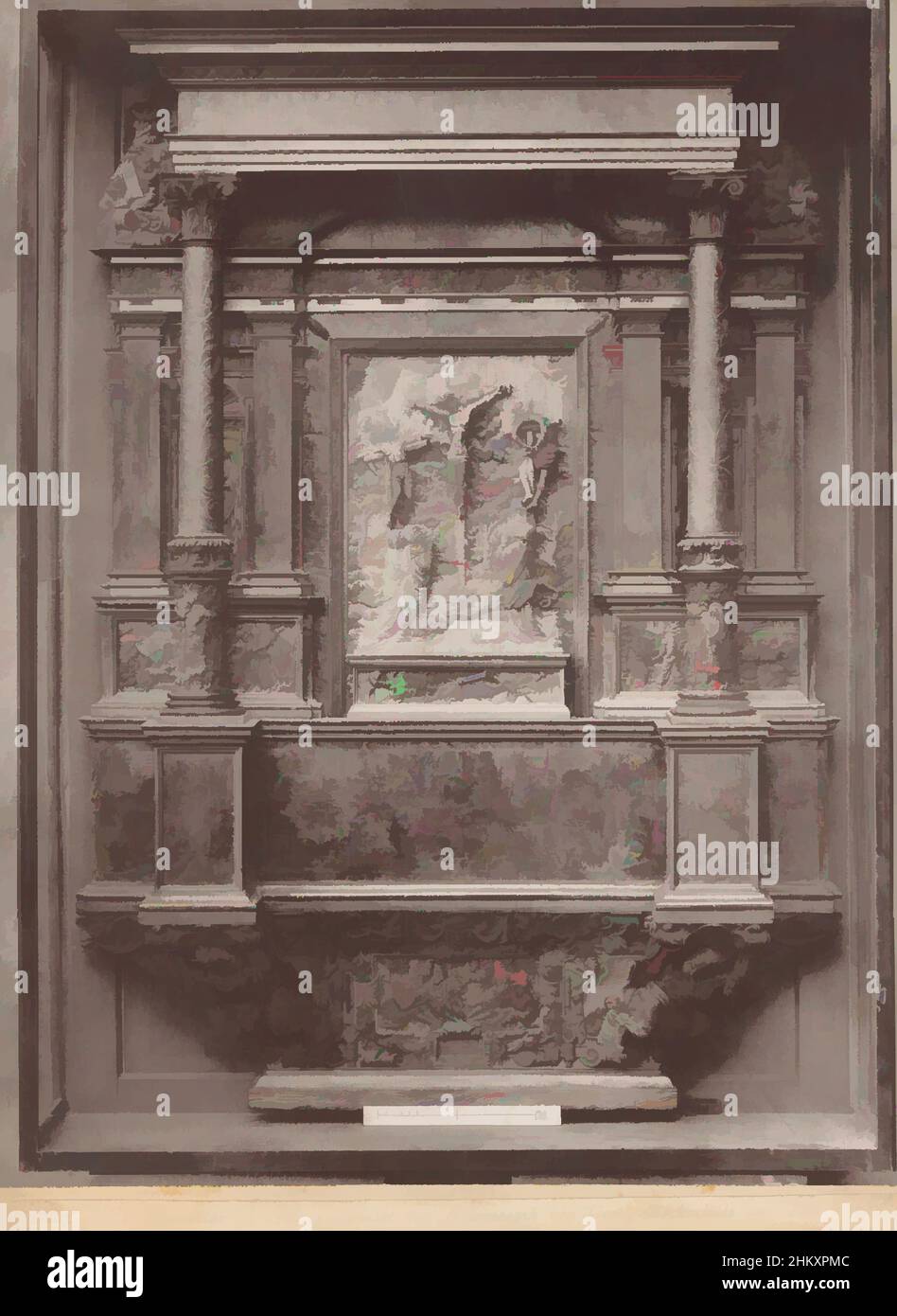 Art inspired by Wooden house altar at Tölz, Hausaltar in Holz geschnitzt mit Holzmosaik von Georg Bockschütz aus Tölz, Bad Tölz, in or after 1875 - c. 1900, cardboard, collotype, height 257 mm × width 194 mm, Classic works modernized by Artotop with a splash of modernity. Shapes, color and value, eye-catching visual impact on art. Emotions through freedom of artworks in a contemporary way. A timeless message pursuing a wildly creative new direction. Artists turning to the digital medium and creating the Artotop NFT Stock Photo