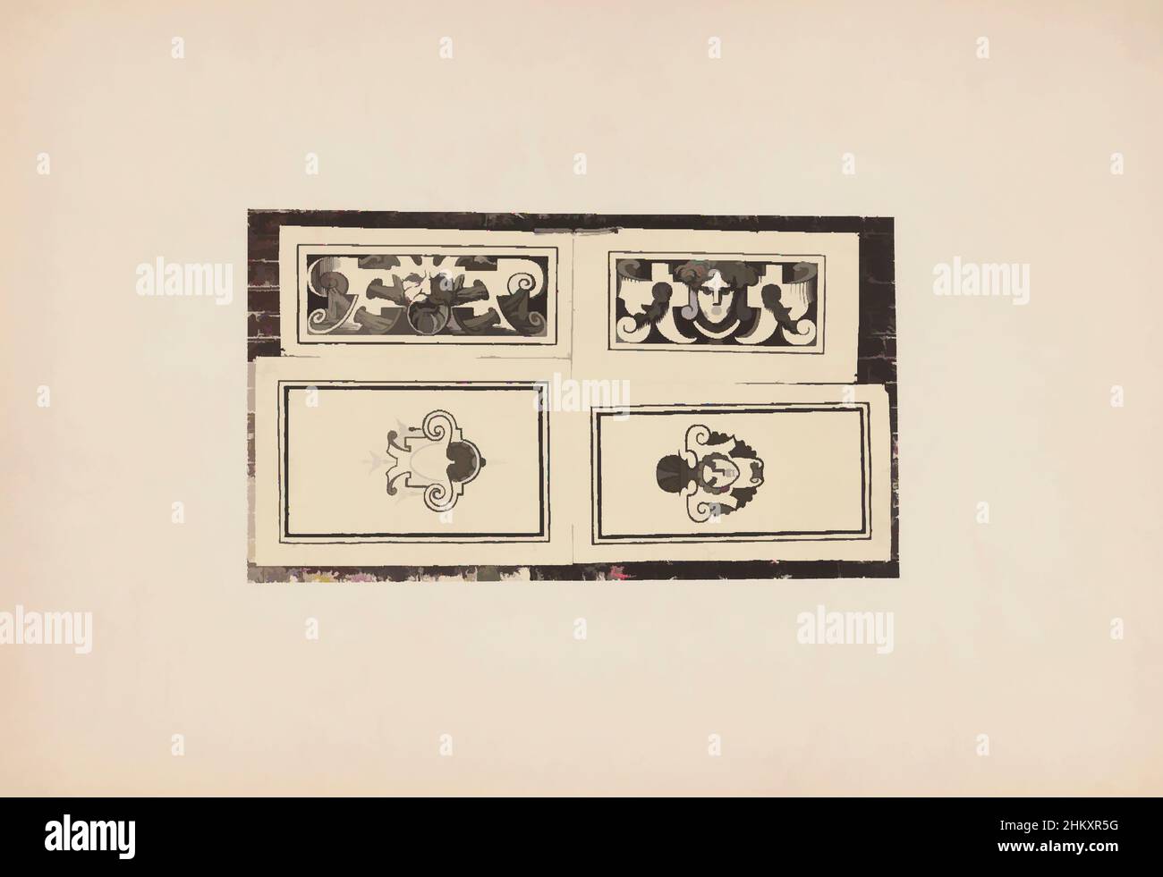 Art inspired by Four ornament prints with masks on a wall, c. 1875 - c. 1900, cardboard, albumen print, height 174 mm × width 101 mm, Classic works modernized by Artotop with a splash of modernity. Shapes, color and value, eye-catching visual impact on art. Emotions through freedom of artworks in a contemporary way. A timeless message pursuing a wildly creative new direction. Artists turning to the digital medium and creating the Artotop NFT Stock Photo