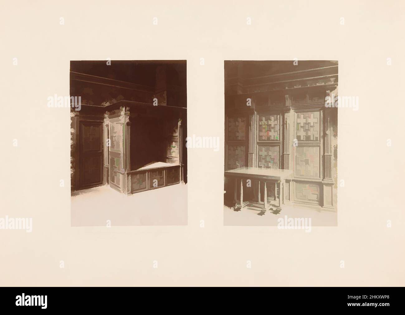 Art inspired by View of two wall paneling, On the left a wall paneling with a bed, on the right a wall paneling with cross motifs., Netherlands, c. 1875 - c. 1900, cardboard, photographic support, height 314 mm × width 445 mm, Classic works modernized by Artotop with a splash of modernity. Shapes, color and value, eye-catching visual impact on art. Emotions through freedom of artworks in a contemporary way. A timeless message pursuing a wildly creative new direction. Artists turning to the digital medium and creating the Artotop NFT Stock Photo