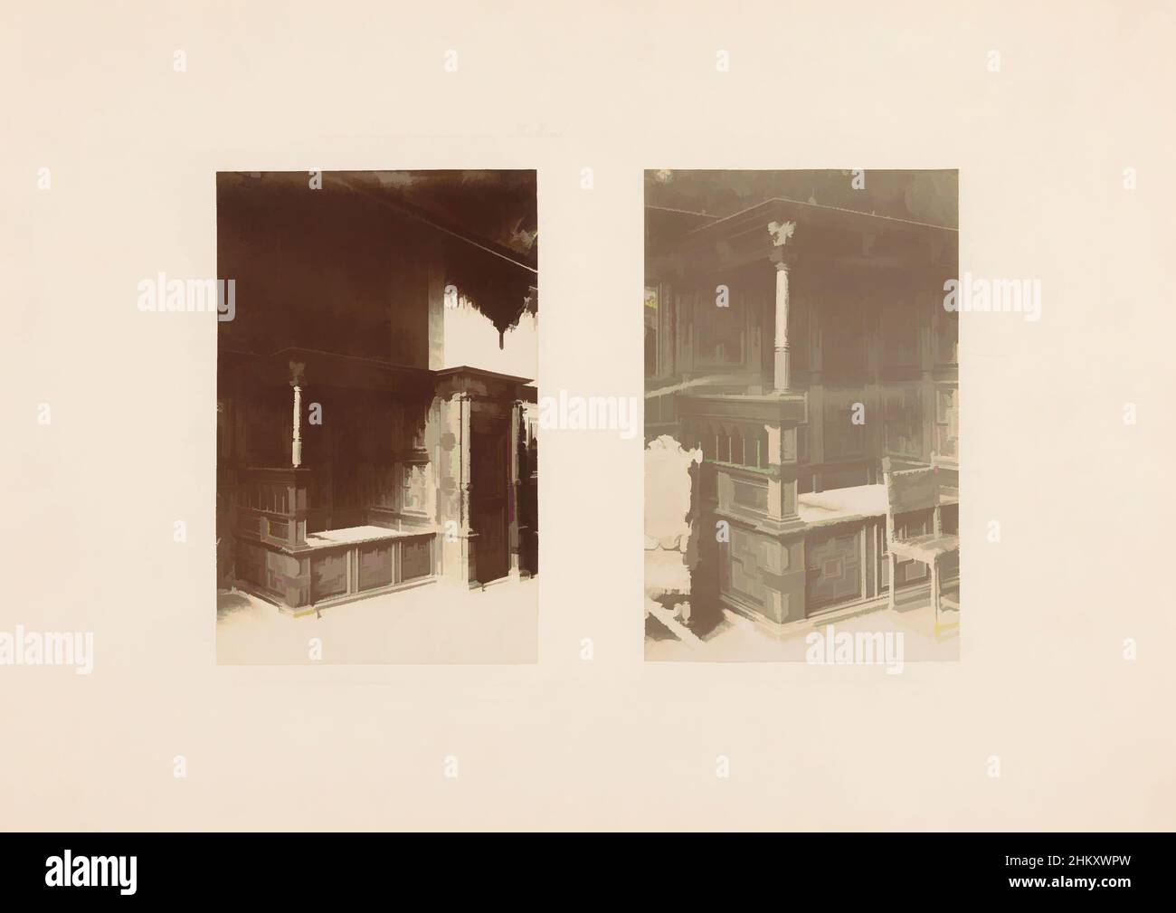 Art inspired by View of two views of a wall paneling with a bed, Left a front view of the wall paneling, Right a part of the wall paneling with two chairs., Netherlands, c. 1875 - c. 1900, cardboard, photographic support, height 315 mm × width 447 mm, Classic works modernized by Artotop with a splash of modernity. Shapes, color and value, eye-catching visual impact on art. Emotions through freedom of artworks in a contemporary way. A timeless message pursuing a wildly creative new direction. Artists turning to the digital medium and creating the Artotop NFT Stock Photo