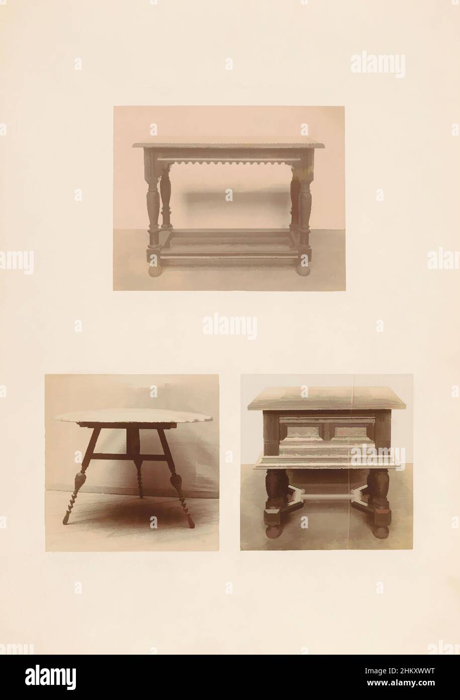 Art inspired by Overview of three wooden tables, Above a walnut table, below left a three-legged Hindelooper table, below right an oak money table., Netherlands, c. 1875 - c. 1900, cardboard, photographic support, height 446 mm × width 315 mm, Classic works modernized by Artotop with a splash of modernity. Shapes, color and value, eye-catching visual impact on art. Emotions through freedom of artworks in a contemporary way. A timeless message pursuing a wildly creative new direction. Artists turning to the digital medium and creating the Artotop NFT Stock Photo