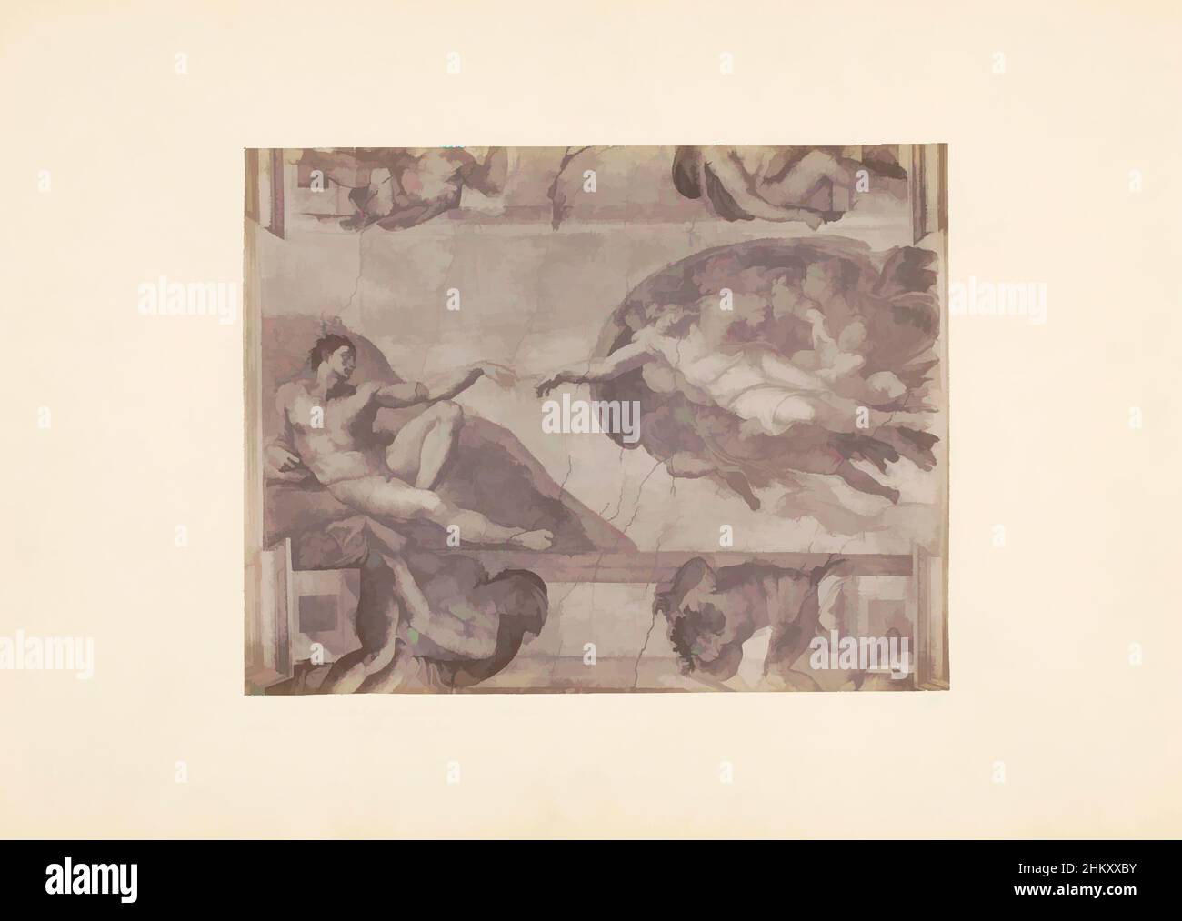 Art inspired by Photoreproduction of the fresco The Creation of Adam, painted by Michelangeo in the Sistine Chapel in Rome, Michelangelo. Rome. Vault of the Sistine Chapel in the Vatican. Middle section: The Creation of Adam., Michelangelo, Sixtijnse kapel (Vaticaan), c. 1875 - c. 1900, Classic works modernized by Artotop with a splash of modernity. Shapes, color and value, eye-catching visual impact on art. Emotions through freedom of artworks in a contemporary way. A timeless message pursuing a wildly creative new direction. Artists turning to the digital medium and creating the Artotop NFT Stock Photo