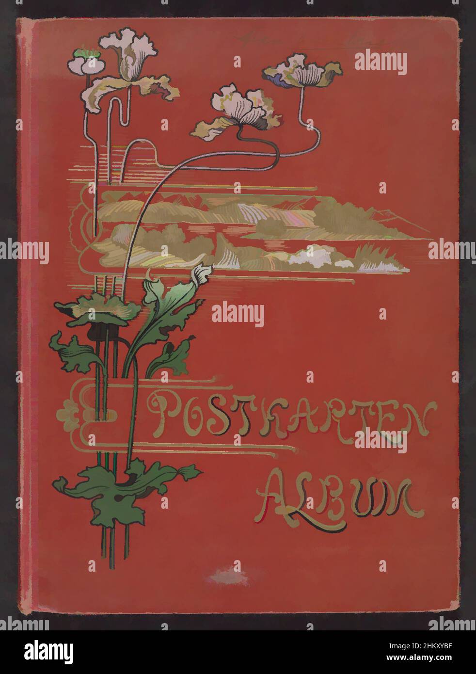 Art inspired by Picture postcard album (empty), Postkarten album, Picture postcard album in red binding. On the front cover the title in gold print and a stylized flower with a mountain landscape in the clouds, in gold, green and pink. On the front flyleaf an image of a ship and a, Classic works modernized by Artotop with a splash of modernity. Shapes, color and value, eye-catching visual impact on art. Emotions through freedom of artworks in a contemporary way. A timeless message pursuing a wildly creative new direction. Artists turning to the digital medium and creating the Artotop NFT Stock Photo