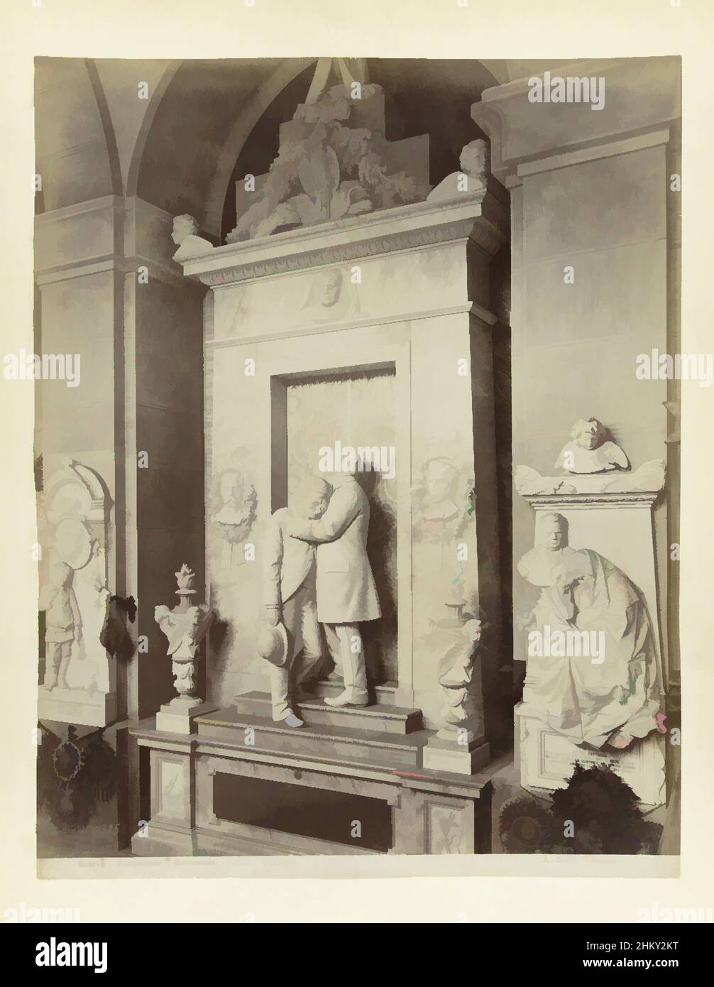 Art inspired by Tomb monument in marble topped with a statue of a man comforting another man3855. Genova Camposanto Monumento Picollo (Moreno) A. Noack, Genova., Alfredo Noack, Genua, c. 1881 - c. 1900, photographic support, albumen print, height 260 mm × width 207 mmheight 277 mm, Classic works modernized by Artotop with a splash of modernity. Shapes, color and value, eye-catching visual impact on art. Emotions through freedom of artworks in a contemporary way. A timeless message pursuing a wildly creative new direction. Artists turning to the digital medium and creating the Artotop NFT Stock Photo