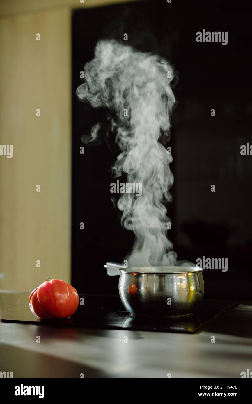 Vertical shot of the tomato near the saucepan on an electric stove with the steam coming out from it Stock Photo