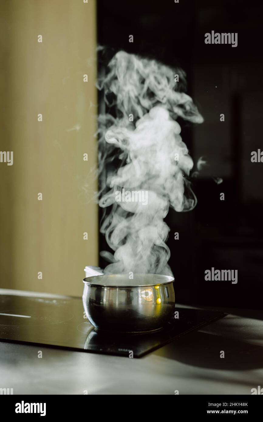 Vertical shot of the saucepan on an electric stove with the steam coming out from it Stock Photo